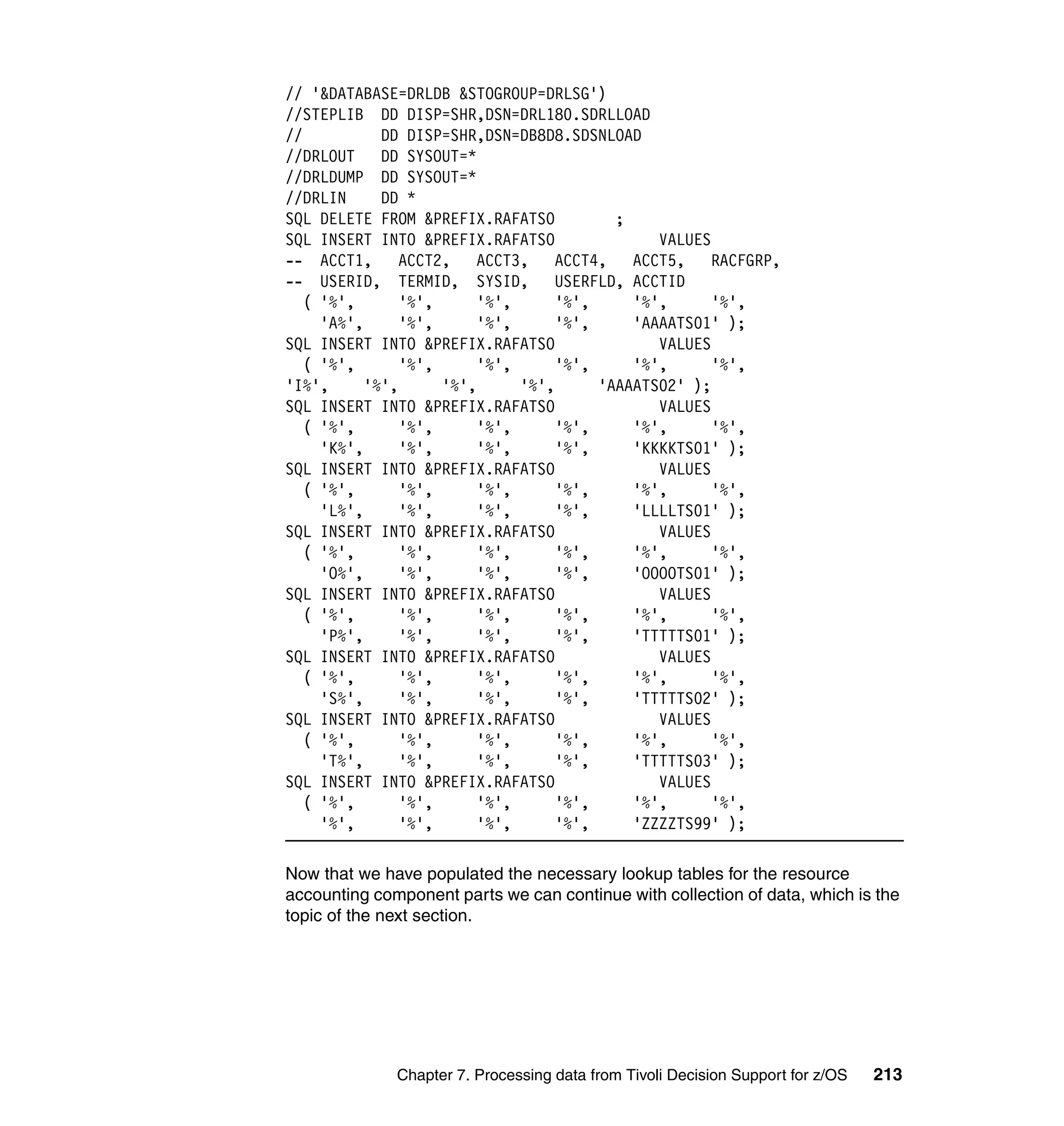 // '&DATABASE=DRLDB &STOGROUP=DRLSG')
//STEPLIB DD DISP=SHR,DSN=DRL180.SDRLLOAD
//           DD DISP=SHR,DSN=DB8D8.SDSNLOAD
//DRLOUT     DD SYSOUT=*
//DRLDUMP DD SYSOUT=*
//DRLIN      DD *
SQL DELETE FROM &PREFIX.RAFATSO            ;
SQL INSERT INTO &PREFIX.RAFATSO                 VALUES
-- ACCT1,       ACCT2,    ACCT3,    ACCT4,   ACCT5,    RACFGRP,
-- USERID, TERMID, SYSID,           USERFLD, ACCTID
   ( '%',       '%',      '%',      '%',     '%',      '%',
     'A%',      '%',      '%',      '%',     'AAAATS01' );
SQL INSERT INTO &PREFIX.RAFATSO                 VALUES
   ( '%',       '%',      '%',      '%',     '%',      '%',
'I%',      '%',      '%',      '%',      'AAAATS02' );
SQL INSERT INTO &PREFIX.RAFATSO                 VALUES
   ( '%',       '%',      '%',      '%',     '%',      '%',
     'K%',      '%',      '%',      '%',     'KKKKTS01' );
SQL INSERT INTO &PREFIX.RAFATSO                 VALUES
   ( '%',       '%',      '%',      '%',     '%',      '%',
     'L%',      '%',      '%',      '%',     'LLLLTS01' );
SQL INSERT INTO &PREFIX.RAFATSO                 VALUES
   ( '%',       '%',      '%',      '%',     '%',      '%',
     'O%',      '%',      '%',      '%',     'OOOOTS01' );
SQL INSERT INTO &PREFIX.RAFATSO                 VALUES
   ( '%',       '%',      '%',      '%',     '%',      '%',
     'P%',      '%',      '%',      '%',     'TTTTTS01' );
SQL INSERT INTO &PREFIX.RAFATSO                 VALUES
   ( '%',       '%',      '%',      '%',     '%',      '%',
     'S%',      '%',      '%',      '%',     'TTTTTS02' );
SQL INSERT INTO &PREFIX.RAFATSO                 VALUES
   ( '%',       '%',      '%',      '%',     '%',      '%',
     'T%',      '%',      '%',      '%',     'TTTTTS03' );
SQL INSERT INTO &PREFIX.RAFATSO                 VALUES
   ( '%',       '%',      '%',      '%',     '%',      '%',
     '%',       '%',      '%',      '%',     'ZZZZTS99' );

Now that we have populated the necessary lookup tables for the resource
accounting component parts we can continue with collection of data, which is the
topic of the next section.




              Chapter 7. Processing data from Tivoli Decision Support for z/OS   213
 