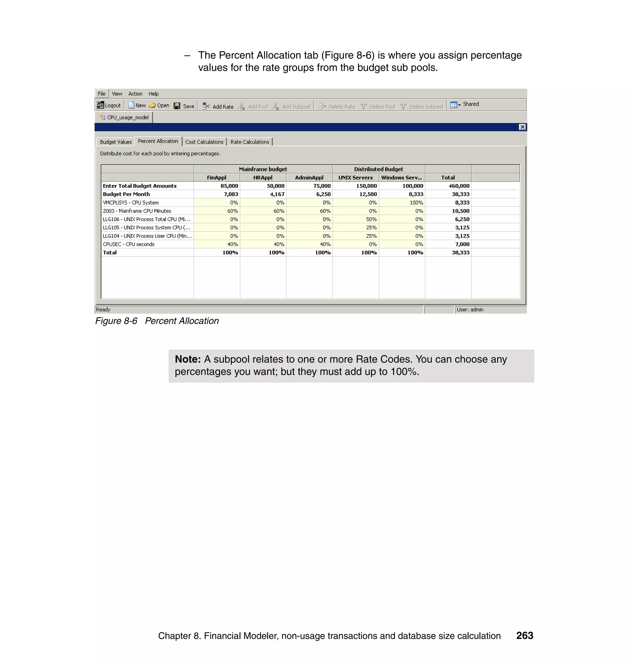 – The Percent Allocation tab (Figure 8-6) is where you assign percentage
                       values for the rate groups from the budget sub pools.




Figure 8-6 Percent Allocation



                  Note: A subpool relates to one or more Rate Codes. You can choose any
                  percentages you want; but they must add up to 100%.




              Chapter 8. Financial Modeler, non-usage transactions and database size calculation   263
 