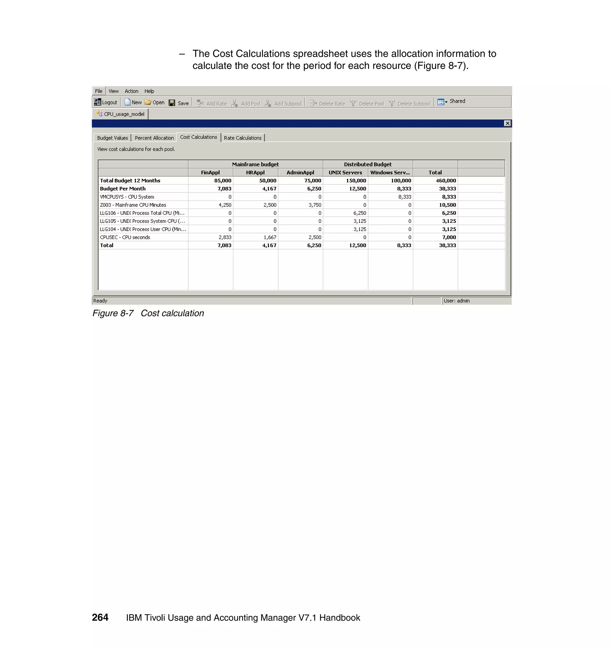 – The Cost Calculations spreadsheet uses the allocation information to
                       calculate the cost for the period for each resource (Figure 8-7).




Figure 8-7 Cost calculation




264     IBM Tivoli Usage and Accounting Manager V7.1 Handbook
 