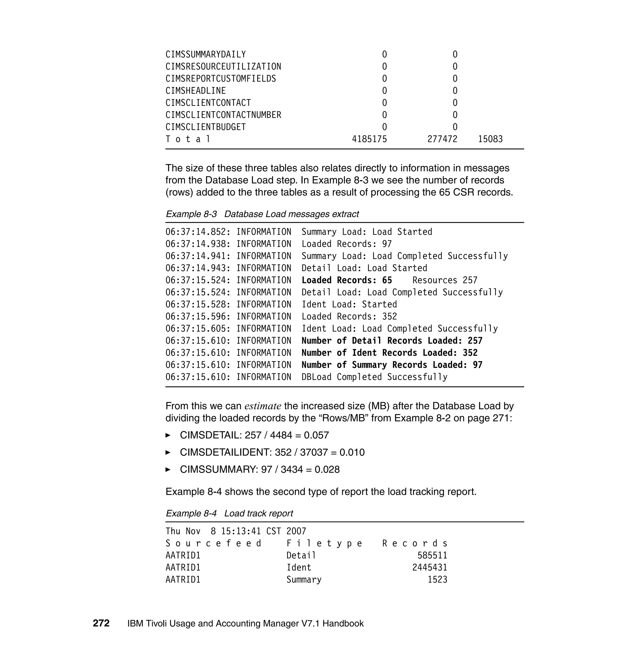CIMSSUMMARYDAILY                                0               0
              CIMSRESOURCEUTILIZATION                         0               0
              CIMSREPORTCUSTOMFIELDS                          0               0
              CIMSHEADLINE                                    0               0
              CIMSCLIENTCONTACT                               0               0
              CIMSCLIENTCONTACTNUMBER                         0               0
              CIMSCLIENTBUDGET                                0               0
              T o t a l                                 4185175          277472       15083

              The size of these three tables also relates directly to information in messages
              from the Database Load step. In Example 8-3 we see the number of records
              (rows) added to the three tables as a result of processing the 65 CSR records.

              Example 8-3 Database Load messages extract
              06:37:14.852:   INFORMATION     Summary Load: Load Started
              06:37:14.938:   INFORMATION     Loaded Records: 97
              06:37:14.941:   INFORMATION     Summary Load: Load Completed Successfully
              06:37:14.943:   INFORMATION     Detail Load: Load Started
              06:37:15.524:   INFORMATION     Loaded Records: 65    Resources 257
              06:37:15.524:   INFORMATION     Detail Load: Load Completed Successfully
              06:37:15.528:   INFORMATION     Ident Load: Started
              06:37:15.596:   INFORMATION     Loaded Records: 352
              06:37:15.605:   INFORMATION     Ident Load: Load Completed Successfully
              06:37:15.610:   INFORMATION     Number of Detail Records Loaded: 257
              06:37:15.610:   INFORMATION     Number of Ident Records Loaded: 352
              06:37:15.610:   INFORMATION     Number of Summary Records Loaded: 97
              06:37:15.610:   INFORMATION     DBLoad Completed Successfully

              From this we can estimate the increased size (MB) after the Database Load by
              dividing the loaded records by the “Rows/MB” from Example 8-2 on page 271:
                 CIMSDETAIL: 257 / 4484 = 0.057
                 CIMSDETAILIDENT: 352 / 37037 = 0.010
                 CIMSSUMMARY: 97 / 3434 = 0.028

              Example 8-4 shows the second type of report the load tracking report.

              Example 8-4 Load track report
              Thu Nov 8 15:13:41 CST 2007
              S o u r c e f e e d    F i l e t y p e           R e c o r d s
              AATRID1                Detail                           585511
              AATRID1                Ident                           2445431
              AATRID1                Summary                            1523



272   IBM Tivoli Usage and Accounting Manager V7.1 Handbook
 