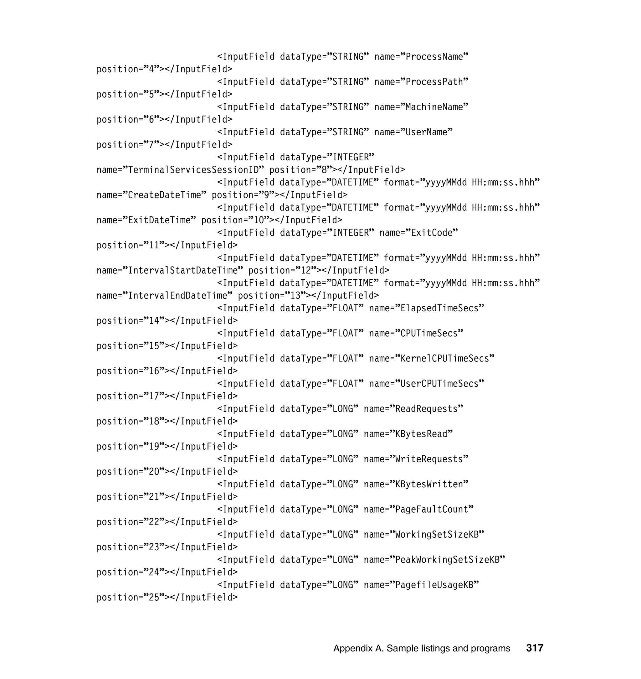 <InputField dataType=”STRING” name=”ProcessName”
position=”4”></InputField>
                       <InputField dataType=”STRING” name=”ProcessPath”
position=”5”></InputField>
                       <InputField dataType=”STRING” name=”MachineName”
position=”6”></InputField>
                       <InputField dataType=”STRING” name=”UserName”
position=”7”></InputField>
                       <InputField dataType=”INTEGER”
name=”TerminalServicesSessionID” position=”8”></InputField>
                       <InputField dataType=”DATETIME” format=”yyyyMMdd HH:mm:ss.hhh”
name=”CreateDateTime” position=”9”></InputField>
                       <InputField dataType=”DATETIME” format=”yyyyMMdd HH:mm:ss.hhh”
name=”ExitDateTime” position=”10”></InputField>
                       <InputField dataType=”INTEGER” name=”ExitCode”
position=”11”></InputField>
                       <InputField dataType=”DATETIME” format=”yyyyMMdd HH:mm:ss.hhh”
name=”IntervalStartDateTime” position=”12”></InputField>
                       <InputField dataType=”DATETIME” format=”yyyyMMdd HH:mm:ss.hhh”
name=”IntervalEndDateTime” position=”13”></InputField>
                       <InputField dataType=”FLOAT” name=”ElapsedTimeSecs”
position=”14”></InputField>
                       <InputField dataType=”FLOAT” name=”CPUTimeSecs”
position=”15”></InputField>
                       <InputField dataType=”FLOAT” name=”KernelCPUTimeSecs”
position=”16”></InputField>
                       <InputField dataType=”FLOAT” name=”UserCPUTimeSecs”
position=”17”></InputField>
                       <InputField dataType=”LONG” name=”ReadRequests”
position=”18”></InputField>
                       <InputField dataType=”LONG” name=”KBytesRead”
position=”19”></InputField>
                       <InputField dataType=”LONG” name=”WriteRequests”
position=”20”></InputField>
                       <InputField dataType=”LONG” name=”KBytesWritten”
position=”21”></InputField>
                       <InputField dataType=”LONG” name=”PageFaultCount”
position=”22”></InputField>
                       <InputField dataType=”LONG” name=”WorkingSetSizeKB”
position=”23”></InputField>
                       <InputField dataType=”LONG” name=”PeakWorkingSetSizeKB”
position=”24”></InputField>
                       <InputField dataType=”LONG” name=”PagefileUsageKB”
position=”25”></InputField>



                                             Appendix A. Sample listings and programs   317
 