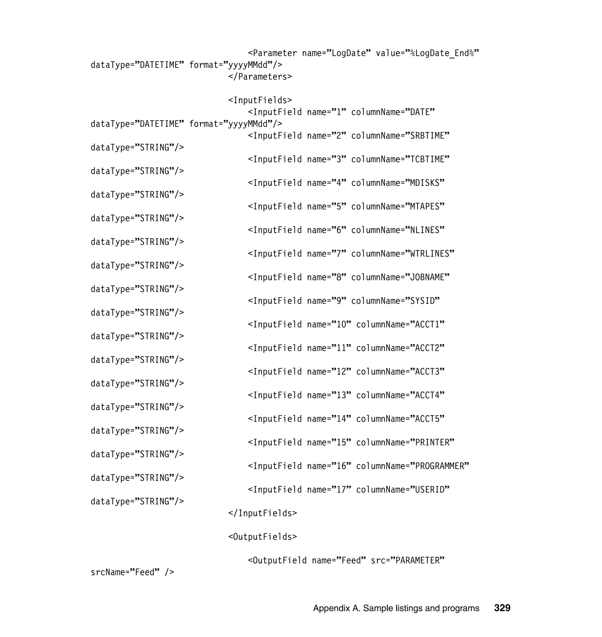 <Parameter name=”LogDate” value=”%LogDate_End%”
dataType=”DATETIME” format=”yyyyMMdd”/>
                            </Parameters>

                            <InputFields>
                                <InputField name=”1” columnName=”DATE”
dataType=”DATETIME” format=”yyyyMMdd”/>
                                <InputField name=”2” columnName=”SRBTIME”
dataType=”STRING”/>
                                <InputField name=”3” columnName=”TCBTIME”
dataType=”STRING”/>
                                <InputField name=”4” columnName=”MDISKS”
dataType=”STRING”/>
                                <InputField name=”5” columnName=”MTAPES”
dataType=”STRING”/>
                                <InputField name=”6” columnName=”NLINES”
dataType=”STRING”/>
                                <InputField name=”7” columnName=”WTRLINES”
dataType=”STRING”/>
                                <InputField name=”8” columnName=”JOBNAME”
dataType=”STRING”/>
                                <InputField name=”9” columnName=”SYSID”
dataType=”STRING”/>
                                <InputField name=”10” columnName=”ACCT1”
dataType=”STRING”/>
                                <InputField name=”11” columnName=”ACCT2”
dataType=”STRING”/>
                                <InputField name=”12” columnName=”ACCT3”
dataType=”STRING”/>
                                <InputField name=”13” columnName=”ACCT4”
dataType=”STRING”/>
                                <InputField name=”14” columnName=”ACCT5”
dataType=”STRING”/>
                                <InputField name=”15” columnName=”PRINTER”
dataType=”STRING”/>
                                <InputField name=”16” columnName=”PROGRAMMER”
dataType=”STRING”/>
                                <InputField name=”17” columnName=”USERID”
dataType=”STRING”/>
                            </InputFields>

                           <OutputFields>

                               <OutputField name=”Feed” src=”PARAMETER”
srcName=”Feed” />


                                             Appendix A. Sample listings and programs   329
 