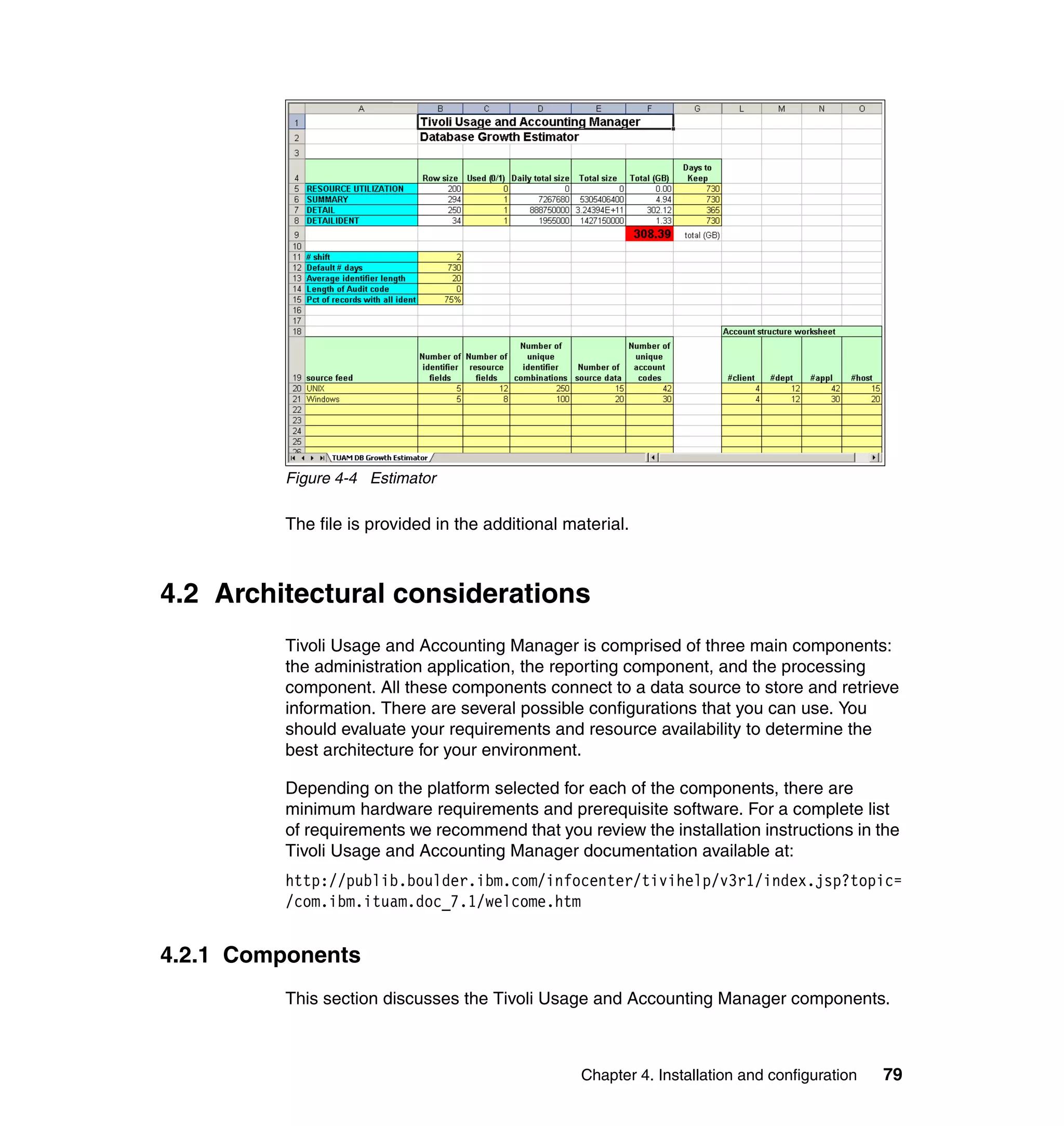 Figure 4-4 Estimator

         The file is provided in the additional material.



4.2 Architectural considerations
         Tivoli Usage and Accounting Manager is comprised of three main components:
         the administration application, the reporting component, and the processing
         component. All these components connect to a data source to store and retrieve
         information. There are several possible configurations that you can use. You
         should evaluate your requirements and resource availability to determine the
         best architecture for your environment.

         Depending on the platform selected for each of the components, there are
         minimum hardware requirements and prerequisite software. For a complete list
         of requirements we recommend that you review the installation instructions in the
         Tivoli Usage and Accounting Manager documentation available at:
         http://publib.boulder.ibm.com/infocenter/tivihelp/v3r1/index.jsp?topic=
         /com.ibm.ituam.doc_7.1/welcome.htm


4.2.1 Components
         This section discusses the Tivoli Usage and Accounting Manager components.



                                                  Chapter 4. Installation and configuration   79
 