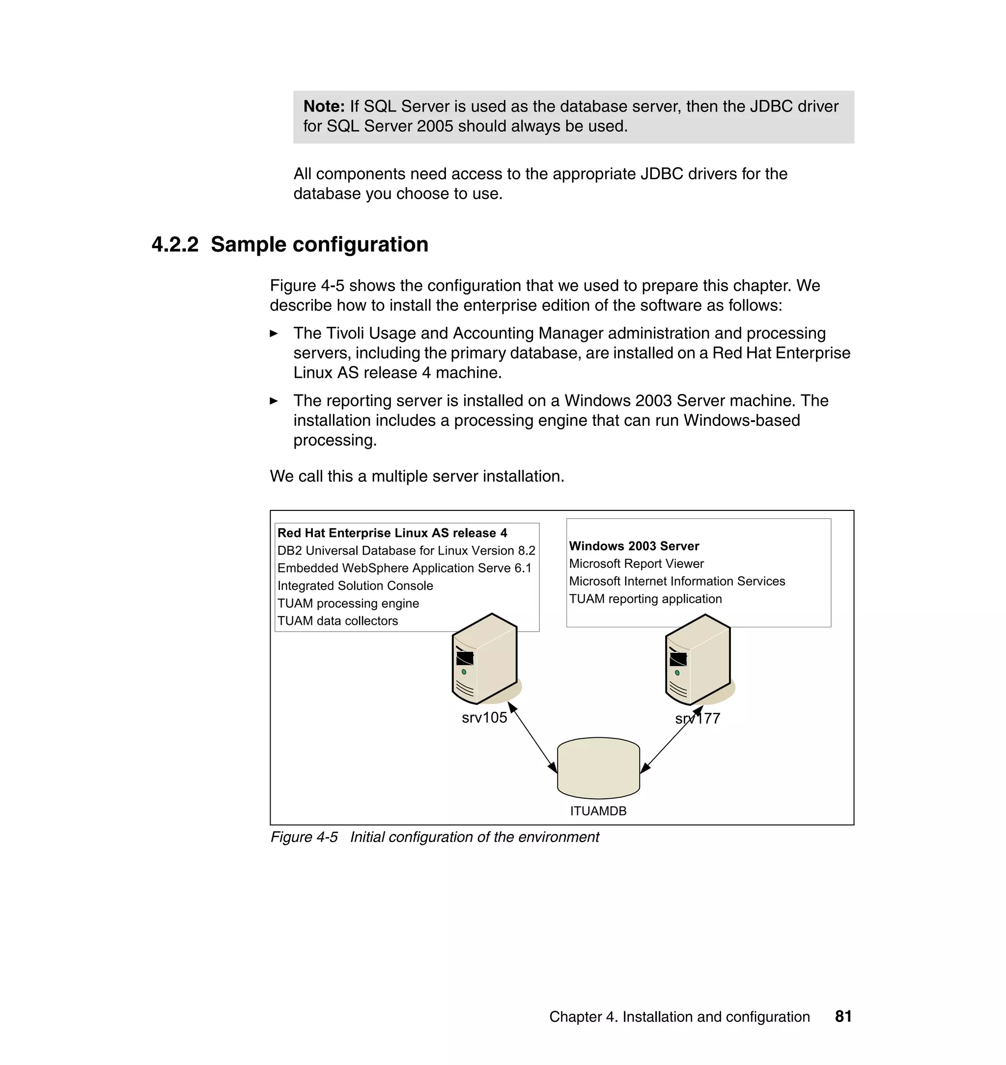 Note: If SQL Server is used as the database server, then the JDBC driver
                for SQL Server 2005 should always be used.

              All components need access to the appropriate JDBC drivers for the
              database you choose to use.


4.2.2 Sample configuration
           Figure 4-5 shows the configuration that we used to prepare this chapter. We
           describe how to install the enterprise edition of the software as follows:
              The Tivoli Usage and Accounting Manager administration and processing
              servers, including the primary database, are installed on a Red Hat Enterprise
              Linux AS release 4 machine.
              The reporting server is installed on a Windows 2003 Server machine. The
              installation includes a processing engine that can run Windows-based
              processing.

           We call this a multiple server installation.


            Red Hat Enterprise Linux AS release 4
            DB2 Universal Database for Linux Version 8.2      Windows 2003 Server
            Embedded WebSphere Application Serve 6.1          Microsoft Report Viewer
            Integrated Solution Console                       Microsoft Internet Information Services
            TUAM processing engine                            TUAM reporting application
            TUAM data collectors




                                           srv105                                srv177




                                                              ITUAMDB

           Figure 4-5 Initial configuration of the environment




                                                           Chapter 4. Installation and configuration    81
 