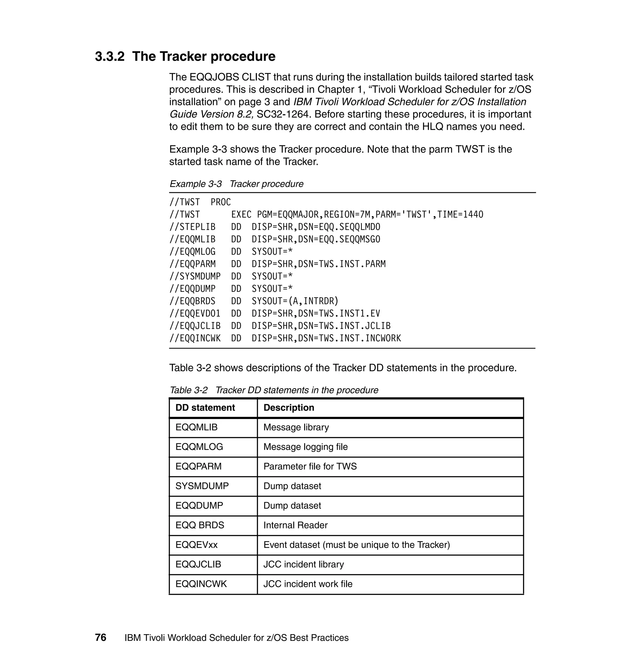 3.3.2 The Tracker procedure
               The EQQJOBS CLIST that runs during the installation builds tailored started task
               procedures. This is described in Chapter 1, “Tivoli Workload Scheduler for z/OS
               installation” on page 3 and IBM Tivoli Workload Scheduler for z/OS Installation
               Guide Version 8.2, SC32-1264. Before starting these procedures, it is important
               to edit them to be sure they are correct and contain the HLQ names you need.

               Example 3-3 shows the Tracker procedure. Note that the parm TWST is the
               started task name of the Tracker.

               Example 3-3 Tracker procedure
               //TWST PROC
               //TWST      EXEC PGM=EQQMAJOR,REGION=7M,PARM='TWST',TIME=1440
               //STEPLIB   DD DISP=SHR,DSN=EQQ.SEQQLMD0
               //EQQMLIB   DD DISP=SHR,DSN=EQQ.SEQQMSG0
               //EQQMLOG   DD SYSOUT=*
               //EQQPARM   DD DISP=SHR,DSN=TWS.INST.PARM
               //SYSMDUMP DD SYSOUT=*
               //EQQDUMP   DD SYSOUT=*
               //EQQBRDS   DD SYSOUT=(A,INTRDR)
               //EQQEVD01 DD DISP=SHR,DSN=TWS.INST1.EV
               //EQQJCLIB DD DISP=SHR,DSN=TWS.INST.JCLIB
               //EQQINCWK DD DISP=SHR,DSN=TWS.INST.INCWORK

               Table 3-2 shows descriptions of the Tracker DD statements in the procedure.

               Table 3-2 Tracker DD statements in the procedure
                 DD statement        Description

                 EQQMLIB             Message library

                 EQQMLOG             Message logging file

                 EQQPARM             Parameter file for TWS

                 SYSMDUMP            Dump dataset

                 EQQDUMP             Dump dataset

                 EQQ BRDS            Internal Reader

                 EQQEVxx             Event dataset (must be unique to the Tracker)

                 EQQJCLIB            JCC incident library

                 EQQINCWK            JCC incident work file




76   IBM Tivoli Workload Scheduler for z/OS Best Practices
 