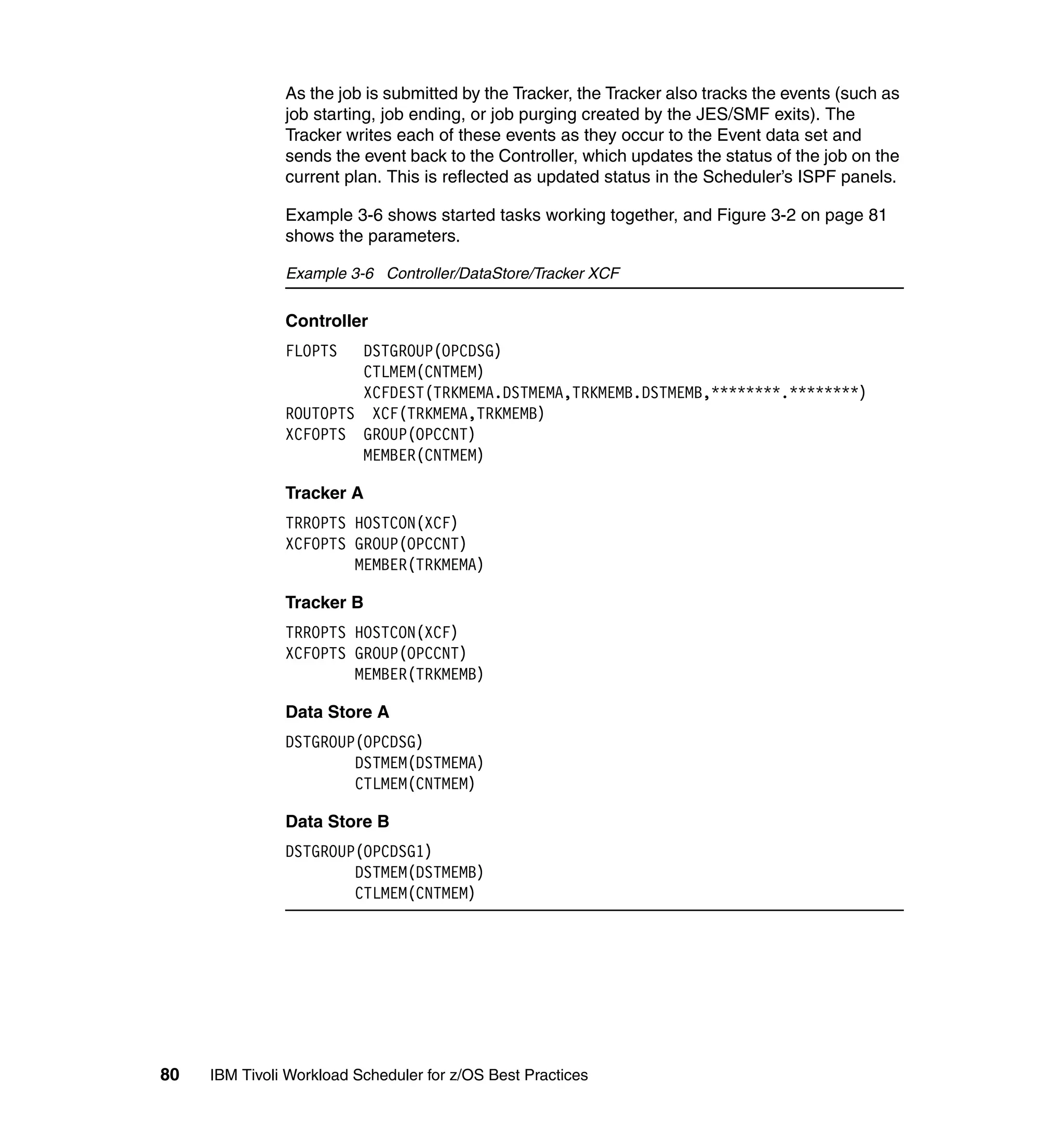 As the job is submitted by the Tracker, the Tracker also tracks the events (such as
               job starting, job ending, or job purging created by the JES/SMF exits). The
               Tracker writes each of these events as they occur to the Event data set and
               sends the event back to the Controller, which updates the status of the job on the
               current plan. This is reflected as updated status in the Scheduler’s ISPF panels.

               Example 3-6 shows started tasks working together, and Figure 3-2 on page 81
               shows the parameters.

               Example 3-6 Controller/DataStore/Tracker XCF


               Controller
               FLOPTS  DSTGROUP(OPCDSG)
                       CTLMEM(CNTMEM)
                       XCFDEST(TRKMEMA.DSTMEMA,TRKMEMB.DSTMEMB,********.********)
               ROUTOPTS XCF(TRKMEMA,TRKMEMB)
               XCFOPTS GROUP(OPCCNT)
                       MEMBER(CNTMEM)

               Tracker A
               TRROPTS HOSTCON(XCF)
               XCFOPTS GROUP(OPCCNT)
                       MEMBER(TRKMEMA)

               Tracker B
               TRROPTS HOSTCON(XCF)
               XCFOPTS GROUP(OPCCNT)
                       MEMBER(TRKMEMB)

               Data Store A
               DSTGROUP(OPCDSG)
                       DSTMEM(DSTMEMA)
                       CTLMEM(CNTMEM)

               Data Store B
               DSTGROUP(OPCDSG1)
                       DSTMEM(DSTMEMB)
                       CTLMEM(CNTMEM)




80   IBM Tivoli Workload Scheduler for z/OS Best Practices
 