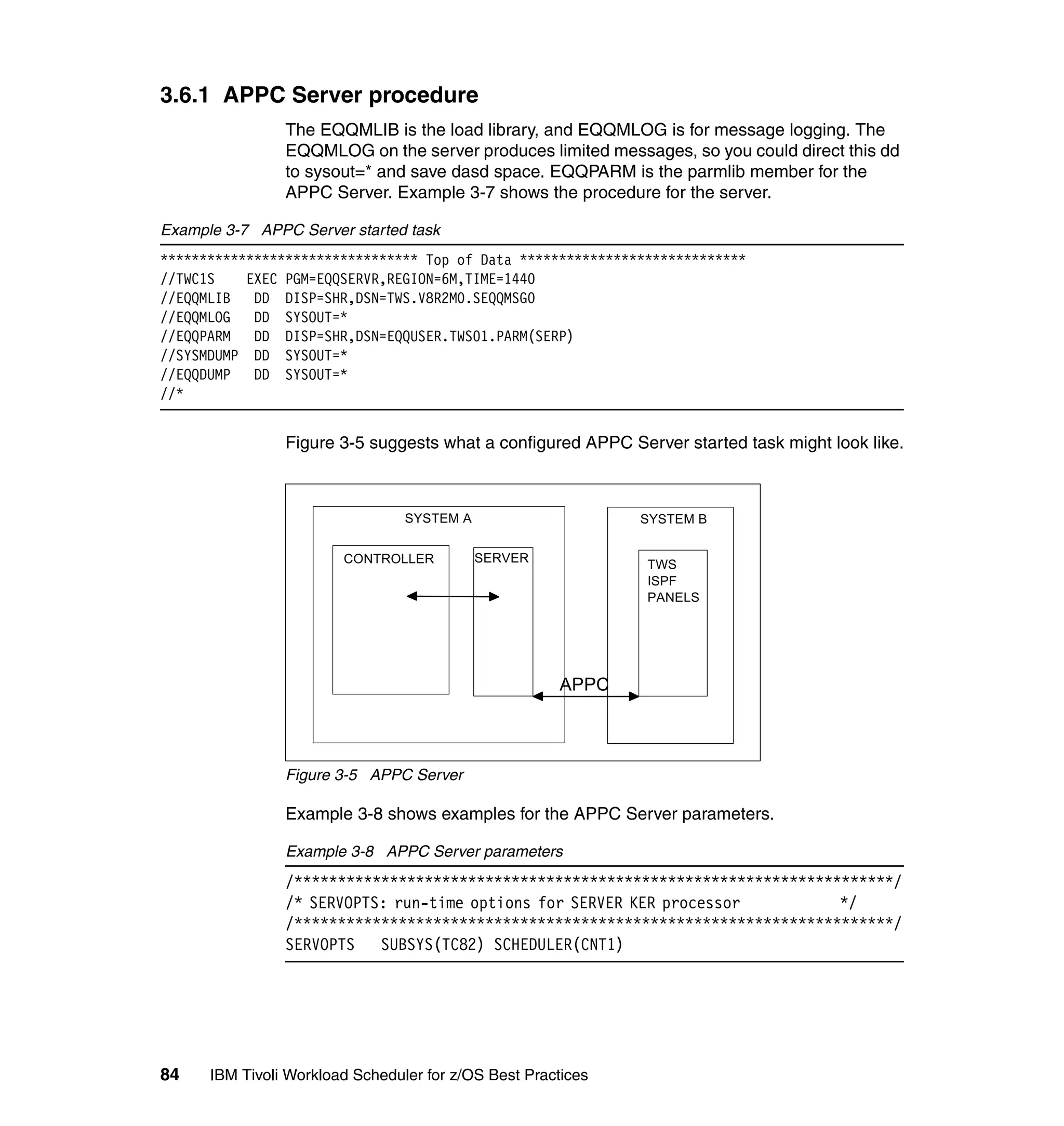 3.6.1 APPC Server procedure
                The EQQMLIB is the load library, and EQQMLOG is for message logging. The
                EQQMLOG on the server produces limited messages, so you could direct this dd
                to sysout=* and save dasd space. EQQPARM is the parmlib member for the
                APPC Server. Example 3-7 shows the procedure for the server.

Example 3-7 APPC Server started task
********************************* Top of Data *****************************
//TWC1S    EXEC PGM=EQQSERVR,REGION=6M,TIME=1440
//EQQMLIB   DD DISP=SHR,DSN=TWS.V8R2M0.SEQQMSG0
//EQQMLOG   DD SYSOUT=*
//EQQPARM   DD DISP=SHR,DSN=EQQUSER.TWS01.PARM(SERP)
//SYSMDUMP DD SYSOUT=*
//EQQDUMP   DD SYSOUT=*
//*


                Figure 3-5 suggests what a configured APPC Server started task might look like.



                                 SYSTEM A                     SYSTEM B


                        CONTROLLER          SERVER            TWS
                                                              ISPF
                                                              PANELS




                                                      APPC



                Figure 3-5 APPC Server

                Example 3-8 shows examples for the APPC Server parameters.

                Example 3-8 APPC Server parameters
                /*********************************************************************/
                /* SERVOPTS: run-time options for SERVER KER processor          */
                /*********************************************************************/
                SERVOPTS   SUBSYS(TC82) SCHEDULER(CNT1)




84    IBM Tivoli Workload Scheduler for z/OS Best Practices
 