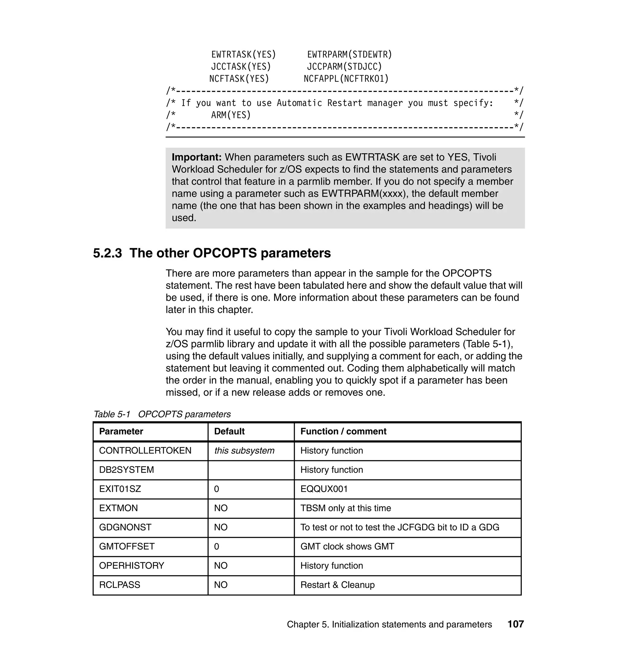 EWTRTASK(YES)      EWTRPARM(STDEWTR)
                        JCCTASK(YES)       JCCPARM(STDJCC)
                        NCFTASK(YES)      NCFAPPL(NCFTRK01)
               /*-------------------------------------------------------------------*/
               /* If you want to use Automatic Restart manager you must specify:    */
               /*       ARM(YES)                                                    */
               /*-------------------------------------------------------------------*/


                Important: When parameters such as EWTRTASK are set to YES, Tivoli
                Workload Scheduler for z/OS expects to find the statements and parameters
                that control that feature in a parmlib member. If you do not specify a member
                name using a parameter such as EWTRPARM(xxxx), the default member
                name (the one that has been shown in the examples and headings) will be
                used.


5.2.3 The other OPCOPTS parameters
               There are more parameters than appear in the sample for the OPCOPTS
               statement. The rest have been tabulated here and show the default value that will
               be used, if there is one. More information about these parameters can be found
               later in this chapter.

               You may find it useful to copy the sample to your Tivoli Workload Scheduler for
               z/OS parmlib library and update it with all the possible parameters (Table 5-1),
               using the default values initially, and supplying a comment for each, or adding the
               statement but leaving it commented out. Coding them alphabetically will match
               the order in the manual, enabling you to quickly spot if a parameter has been
               missed, or if a new release adds or removes one.

Table 5-1 OPCOPTS parameters
 Parameter                Default             Function / comment

 CONTROLLERTOKEN          this subsystem      History function

 DB2SYSTEM                                    History function

 EXIT01SZ                 0                   EQQUX001

 EXTMON                   NO                  TBSM only at this time

 GDGNONST                 NO                  To test or not to test the JCFGDG bit to ID a GDG

 GMTOFFSET                0                   GMT clock shows GMT

 OPERHISTORY              NO                  History function

 RCLPASS                  NO                  Restart & Cleanup



                                           Chapter 5. Initialization statements and parameters    107
 