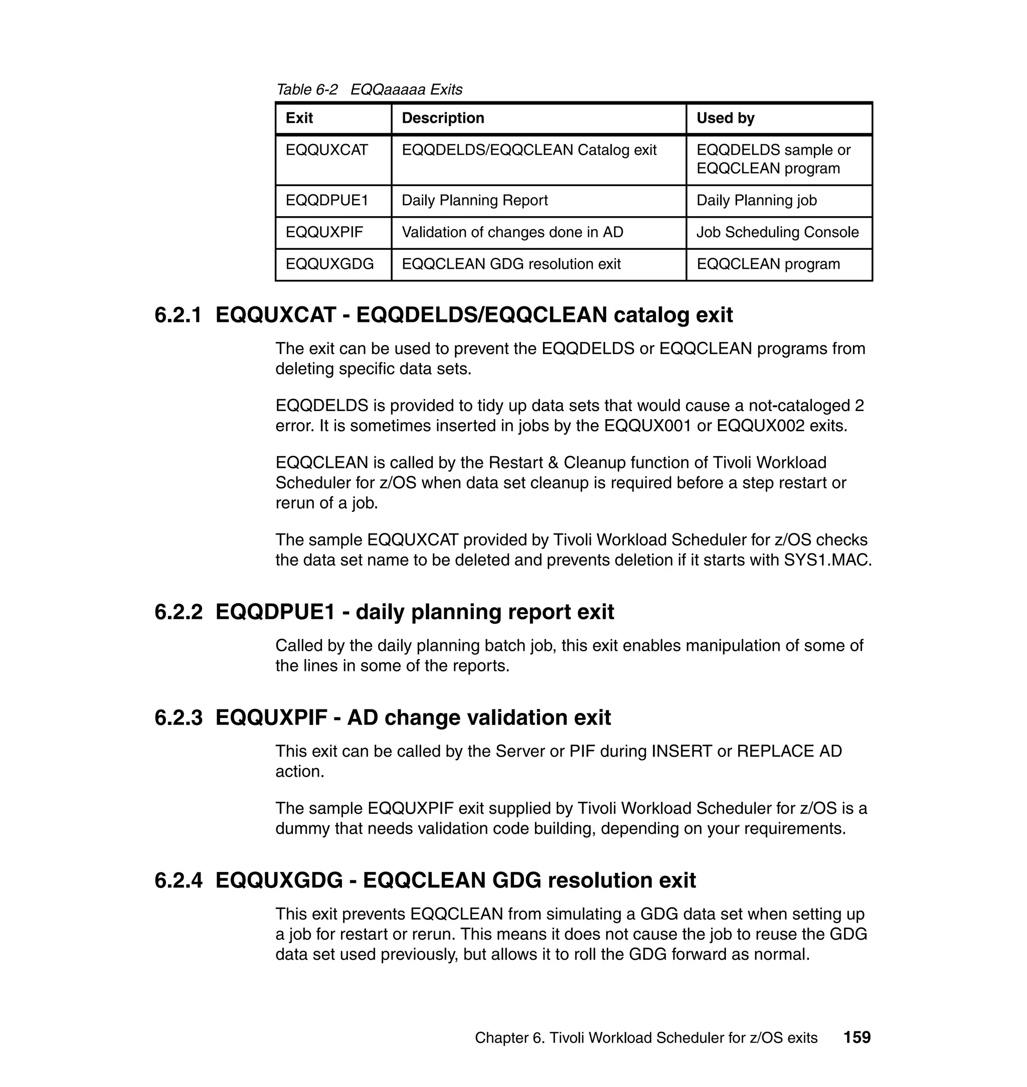 Table 6-2 EQQaaaaa Exits
            Exit            Description                               Used by

            EQQUXCAT        EQQDELDS/EQQCLEAN Catalog exit            EQQDELDS sample or
                                                                      EQQCLEAN program

            EQQDPUE1        Daily Planning Report                     Daily Planning job

            EQQUXPIF        Validation of changes done in AD          Job Scheduling Console

            EQQUXGDG        EQQCLEAN GDG resolution exit              EQQCLEAN program


6.2.1 EQQUXCAT - EQQDELDS/EQQCLEAN catalog exit
           The exit can be used to prevent the EQQDELDS or EQQCLEAN programs from
           deleting specific data sets.

           EQQDELDS is provided to tidy up data sets that would cause a not-cataloged 2
           error. It is sometimes inserted in jobs by the EQQUX001 or EQQUX002 exits.

           EQQCLEAN is called by the Restart & Cleanup function of Tivoli Workload
           Scheduler for z/OS when data set cleanup is required before a step restart or
           rerun of a job.

           The sample EQQUXCAT provided by Tivoli Workload Scheduler for z/OS checks
           the data set name to be deleted and prevents deletion if it starts with SYS1.MAC.


6.2.2 EQQDPUE1 - daily planning report exit
           Called by the daily planning batch job, this exit enables manipulation of some of
           the lines in some of the reports.


6.2.3 EQQUXPIF - AD change validation exit
           This exit can be called by the Server or PIF during INSERT or REPLACE AD
           action.

           The sample EQQUXPIF exit supplied by Tivoli Workload Scheduler for z/OS is a
           dummy that needs validation code building, depending on your requirements.


6.2.4 EQQUXGDG - EQQCLEAN GDG resolution exit
           This exit prevents EQQCLEAN from simulating a GDG data set when setting up
           a job for restart or rerun. This means it does not cause the job to reuse the GDG
           data set used previously, but allows it to roll the GDG forward as normal.



                                      Chapter 6. Tivoli Workload Scheduler for z/OS exits   159
 