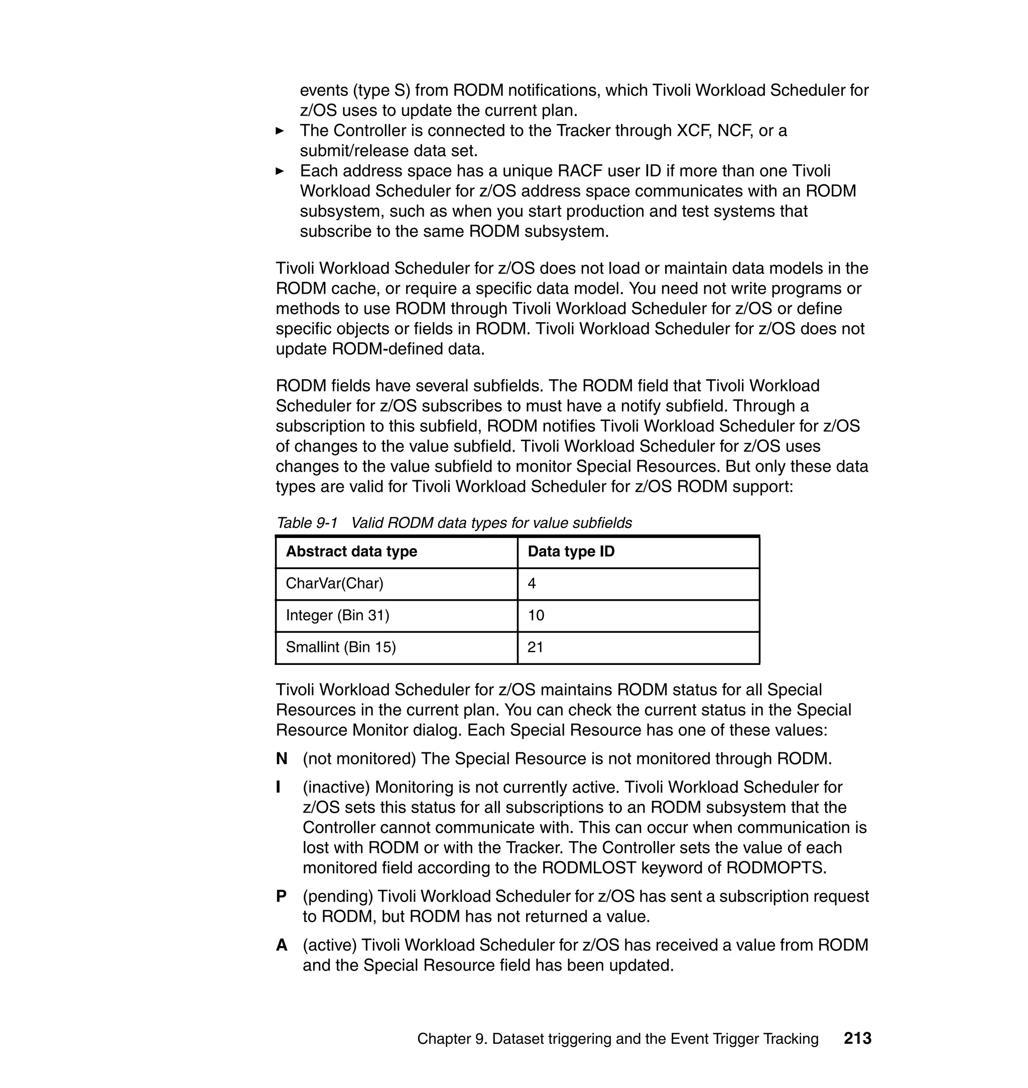 events (type S) from RODM notifications, which Tivoli Workload Scheduler for
      z/OS uses to update the current plan.
      The Controller is connected to the Tracker through XCF, NCF, or a
      submit/release data set.
      Each address space has a unique RACF user ID if more than one Tivoli
      Workload Scheduler for z/OS address space communicates with an RODM
      subsystem, such as when you start production and test systems that
      subscribe to the same RODM subsystem.

Tivoli Workload Scheduler for z/OS does not load or maintain data models in the
RODM cache, or require a specific data model. You need not write programs or
methods to use RODM through Tivoli Workload Scheduler for z/OS or define
specific objects or fields in RODM. Tivoli Workload Scheduler for z/OS does not
update RODM-defined data.

RODM fields have several subfields. The RODM field that Tivoli Workload
Scheduler for z/OS subscribes to must have a notify subfield. Through a
subscription to this subfield, RODM notifies Tivoli Workload Scheduler for z/OS
of changes to the value subfield. Tivoli Workload Scheduler for z/OS uses
changes to the value subfield to monitor Special Resources. But only these data
types are valid for Tivoli Workload Scheduler for z/OS RODM support:

Table 9-1 Valid RODM data types for value subfields
    Abstract data type                  Data type ID

    CharVar(Char)                       4

    Integer (Bin 31)                    10

    Smallint (Bin 15)                   21

Tivoli Workload Scheduler for z/OS maintains RODM status for all Special
Resources in the current plan. You can check the current status in the Special
Resource Monitor dialog. Each Special Resource has one of these values:
N (not monitored) The Special Resource is not monitored through RODM.
I     (inactive) Monitoring is not currently active. Tivoli Workload Scheduler for
      z/OS sets this status for all subscriptions to an RODM subsystem that the
      Controller cannot communicate with. This can occur when communication is
      lost with RODM or with the Tracker. The Controller sets the value of each
      monitored field according to the RODMLOST keyword of RODMOPTS.
P (pending) Tivoli Workload Scheduler for z/OS has sent a subscription request
  to RODM, but RODM has not returned a value.
A (active) Tivoli Workload Scheduler for z/OS has received a value from RODM
  and the Special Resource field has been updated.



                        Chapter 9. Dataset triggering and the Event Trigger Tracking   213
 