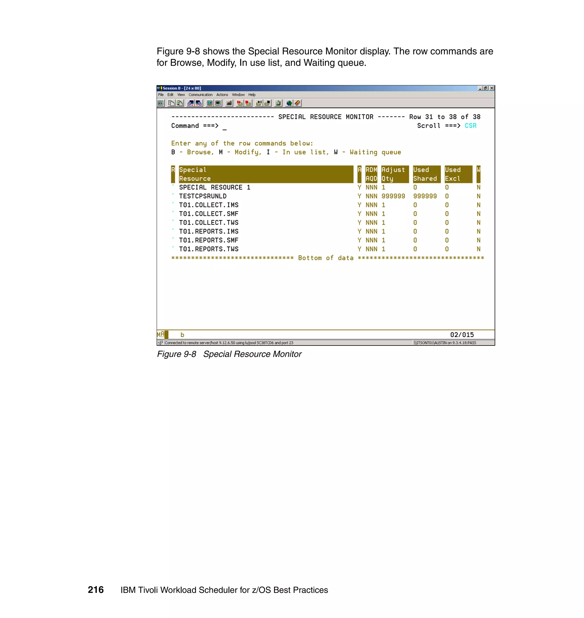 Figure 9-8 shows the Special Resource Monitor display. The row commands are
               for Browse, Modify, In use list, and Waiting queue.




               Figure 9-8 Special Resource Monitor




216   IBM Tivoli Workload Scheduler for z/OS Best Practices
 