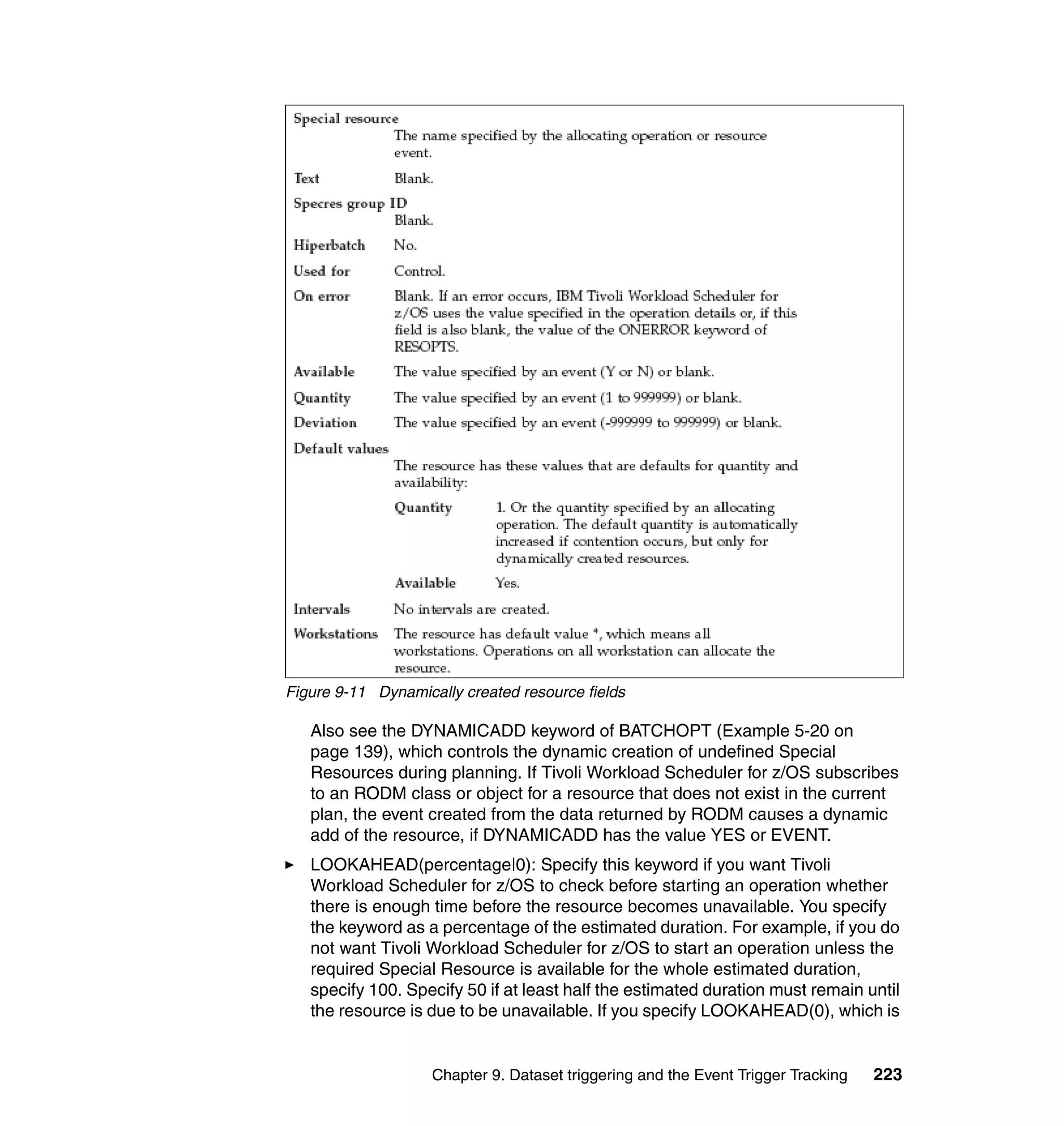 Figure 9-11 Dynamically created resource fields

   Also see the DYNAMICADD keyword of BATCHOPT (Example 5-20 on
   page 139), which controls the dynamic creation of undefined Special
   Resources during planning. If Tivoli Workload Scheduler for z/OS subscribes
   to an RODM class or object for a resource that does not exist in the current
   plan, the event created from the data returned by RODM causes a dynamic
   add of the resource, if DYNAMICADD has the value YES or EVENT.
   LOOKAHEAD(percentage|0): Specify this keyword if you want Tivoli
   Workload Scheduler for z/OS to check before starting an operation whether
   there is enough time before the resource becomes unavailable. You specify
   the keyword as a percentage of the estimated duration. For example, if you do
   not want Tivoli Workload Scheduler for z/OS to start an operation unless the
   required Special Resource is available for the whole estimated duration,
   specify 100. Specify 50 if at least half the estimated duration must remain until
   the resource is due to be unavailable. If you specify LOOKAHEAD(0), which is


                    Chapter 9. Dataset triggering and the Event Trigger Tracking   223
 