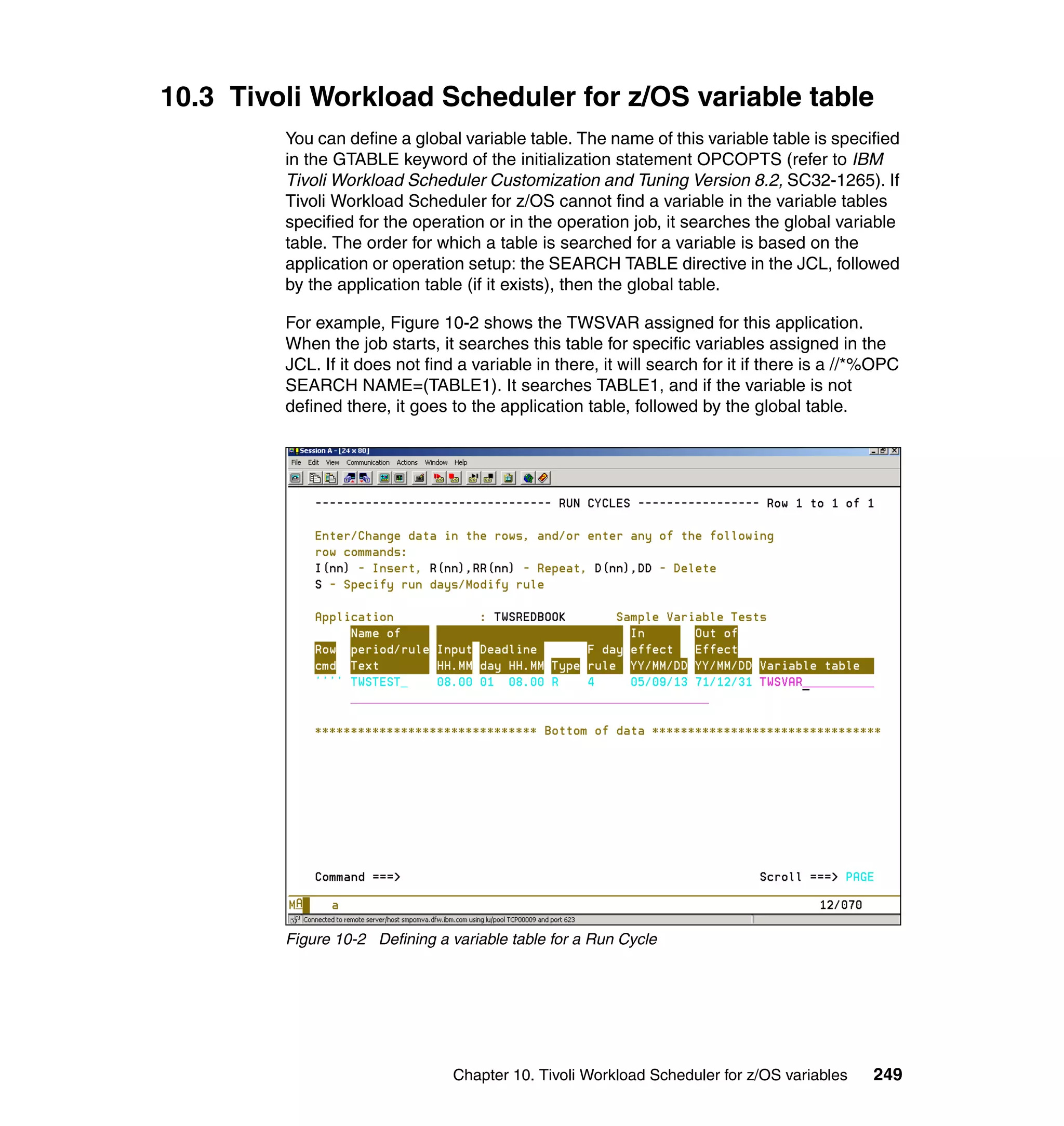 10.3 Tivoli Workload Scheduler for z/OS variable table
         You can define a global variable table. The name of this variable table is specified
         in the GTABLE keyword of the initialization statement OPCOPTS (refer to IBM
         Tivoli Workload Scheduler Customization and Tuning Version 8.2, SC32-1265). If
         Tivoli Workload Scheduler for z/OS cannot find a variable in the variable tables
         specified for the operation or in the operation job, it searches the global variable
         table. The order for which a table is searched for a variable is based on the
         application or operation setup: the SEARCH TABLE directive in the JCL, followed
         by the application table (if it exists), then the global table.

         For example, Figure 10-2 shows the TWSVAR assigned for this application.
         When the job starts, it searches this table for specific variables assigned in the
         JCL. If it does not find a variable in there, it will search for it if there is a //*%OPC
         SEARCH NAME=(TABLE1). It searches TABLE1, and if the variable is not
         defined there, it goes to the application table, followed by the global table.




         Figure 10-2 Defining a variable table for a Run Cycle




                                 Chapter 10. Tivoli Workload Scheduler for z/OS variables     249
 