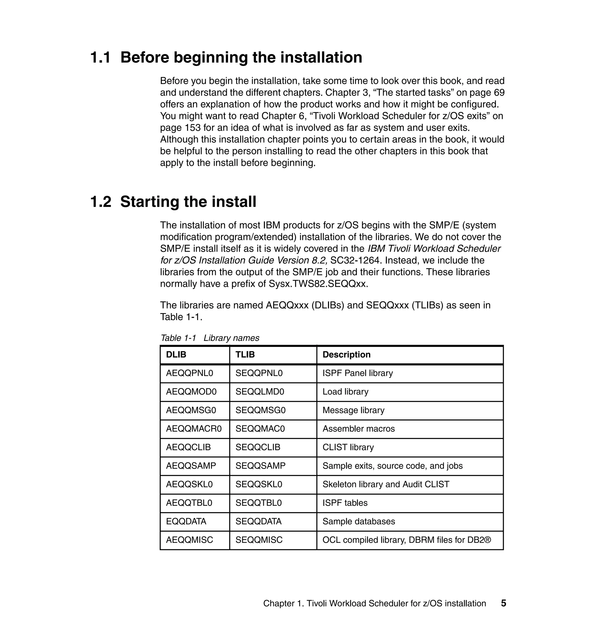 1.1 Before beginning the installation
          Before you begin the installation, take some time to look over this book, and read
          and understand the different chapters. Chapter 3, “The started tasks” on page 69
          offers an explanation of how the product works and how it might be configured.
          You might want to read Chapter 6, “Tivoli Workload Scheduler for z/OS exits” on
          page 153 for an idea of what is involved as far as system and user exits.
          Although this installation chapter points you to certain areas in the book, it would
          be helpful to the person installing to read the other chapters in this book that
          apply to the install before beginning.



1.2 Starting the install
          The installation of most IBM products for z/OS begins with the SMP/E (system
          modification program/extended) installation of the libraries. We do not cover the
          SMP/E install itself as it is widely covered in the IBM Tivoli Workload Scheduler
          for z/OS Installation Guide Version 8.2, SC32-1264. Instead, we include the
          libraries from the output of the SMP/E job and their functions. These libraries
          normally have a prefix of Sysx.TWS82.SEQQxx.

          The libraries are named AEQQxxx (DLIBs) and SEQQxxx (TLIBs) as seen in
          Table 1-1.

          Table 1-1 Library names
           DLIB             TLIB                   Description

           AEQQPNL0         SEQQPNL0               ISPF Panel library

           AEQQMOD0         SEQQLMD0               Load library

           AEQQMSG0         SEQQMSG0               Message library

           AEQQMACR0        SEQQMAC0               Assembler macros

           AEQQCLIB         SEQQCLIB               CLIST library

           AEQQSAMP         SEQQSAMP               Sample exits, source code, and jobs

           AEQQSKL0         SEQQSKL0               Skeleton library and Audit CLIST

           AEQQTBL0         SEQQTBL0               ISPF tables

           EQQDATA          SEQQDATA               Sample databases

           AEQQMISC         SEQQMISC               OCL compiled library, DBRM files for DB2®




                                    Chapter 1. Tivoli Workload Scheduler for z/OS installation   5
 