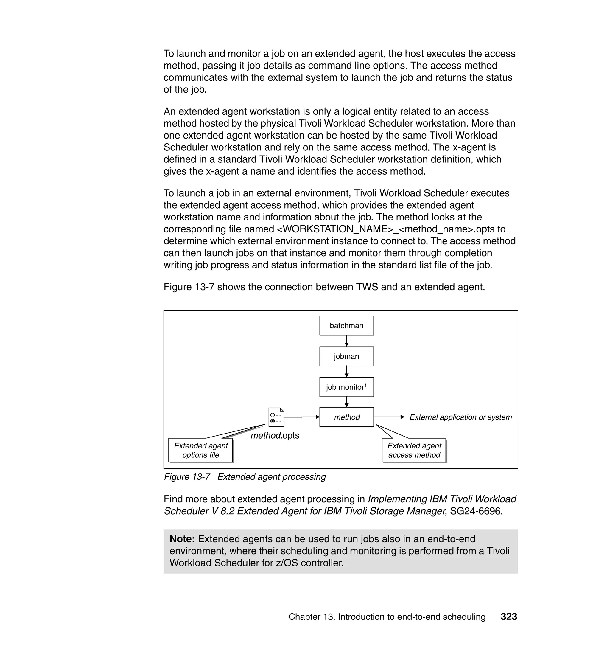 To launch and monitor a job on an extended agent, the host executes the access
method, passing it job details as command line options. The access method
communicates with the external system to launch the job and returns the status
of the job.

An extended agent workstation is only a logical entity related to an access
method hosted by the physical Tivoli Workload Scheduler workstation. More than
one extended agent workstation can be hosted by the same Tivoli Workload
Scheduler workstation and rely on the same access method. The x-agent is
defined in a standard Tivoli Workload Scheduler workstation definition, which
gives the x-agent a name and identifies the access method.

To launch a job in an external environment, Tivoli Workload Scheduler executes
the extended agent access method, which provides the extended agent
workstation name and information about the job. The method looks at the
corresponding file named <WORKSTATION_NAME>_<method_name>.opts to
determine which external environment instance to connect to. The access method
can then launch jobs on that instance and monitor them through completion
writing job progress and status information in the standard list file of the job.

Figure 13-7 shows the connection between TWS and an extended agent.


                                         batchman


                                          jobman


                                        job monitor1


                                          method            External application or system

                   method.opts
  Extended agent
  Extended agent                                       Extended agent
                                                       Extended agent
    options file
    options file                                       access method
                                                       access method

Figure 13-7 Extended agent processing

Find more about extended agent processing in Implementing IBM Tivoli Workload
Scheduler V 8.2 Extended Agent for IBM Tivoli Storage Manager, SG24-6696.

 Note: Extended agents can be used to run jobs also in an end-to-end
 environment, where their scheduling and monitoring is performed from a Tivoli
 Workload Scheduler for z/OS controller.




                            Chapter 13. Introduction to end-to-end scheduling         323
 