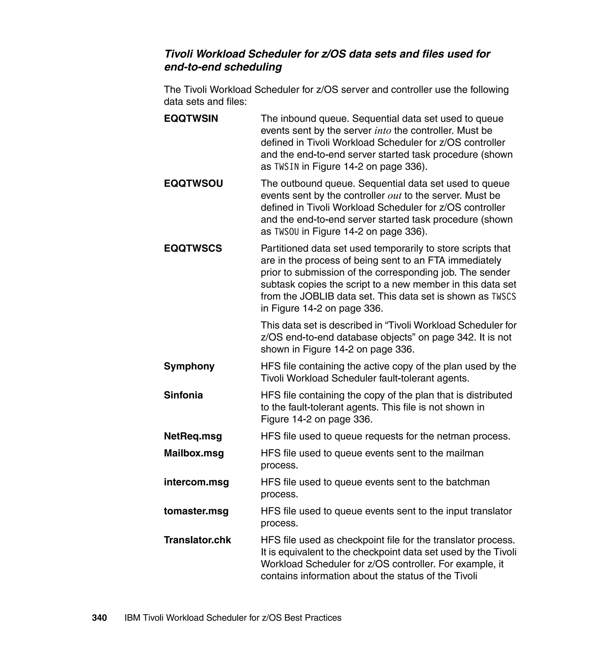 Tivoli Workload Scheduler for z/OS data sets and files used for
               end-to-end scheduling

               The Tivoli Workload Scheduler for z/OS server and controller use the following
               data sets and files:
               EQQTWSIN                The inbound queue. Sequential data set used to queue
                                       events sent by the server into the controller. Must be
                                       defined in Tivoli Workload Scheduler for z/OS controller
                                       and the end-to-end server started task procedure (shown
                                       as TWSIN in Figure 14-2 on page 336).
               EQQTWSOU                The outbound queue. Sequential data set used to queue
                                       events sent by the controller out to the server. Must be
                                       defined in Tivoli Workload Scheduler for z/OS controller
                                       and the end-to-end server started task procedure (shown
                                       as TWSOU in Figure 14-2 on page 336).
               EQQTWSCS                Partitioned data set used temporarily to store scripts that
                                       are in the process of being sent to an FTA immediately
                                       prior to submission of the corresponding job. The sender
                                       subtask copies the script to a new member in this data set
                                       from the JOBLIB data set. This data set is shown as TWSCS
                                       in Figure 14-2 on page 336.
                                       This data set is described in “Tivoli Workload Scheduler for
                                       z/OS end-to-end database objects” on page 342. It is not
                                       shown in Figure 14-2 on page 336.
               Symphony                HFS file containing the active copy of the plan used by the
                                       Tivoli Workload Scheduler fault-tolerant agents.
               Sinfonia                HFS file containing the copy of the plan that is distributed
                                       to the fault-tolerant agents. This file is not shown in
                                       Figure 14-2 on page 336.
               NetReq.msg              HFS file used to queue requests for the netman process.
               Mailbox.msg             HFS file used to queue events sent to the mailman
                                       process.
               intercom.msg            HFS file used to queue events sent to the batchman
                                       process.
               tomaster.msg            HFS file used to queue events sent to the input translator
                                       process.
               Translator.chk          HFS file used as checkpoint file for the translator process.
                                       It is equivalent to the checkpoint data set used by the Tivoli
                                       Workload Scheduler for z/OS controller. For example, it
                                       contains information about the status of the Tivoli



340   IBM Tivoli Workload Scheduler for z/OS Best Practices
 