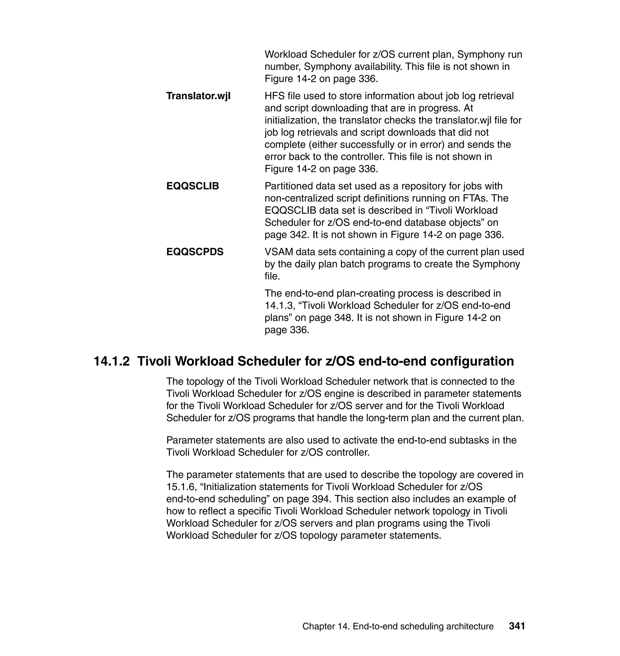 Workload Scheduler for z/OS current plan, Symphony run
                                number, Symphony availability. This file is not shown in
                                Figure 14-2 on page 336.
           Translator.wjl       HFS file used to store information about job log retrieval
                                and script downloading that are in progress. At
                                initialization, the translator checks the translator.wjl file for
                                job log retrievals and script downloads that did not
                                complete (either successfully or in error) and sends the
                                error back to the controller. This file is not shown in
                                Figure 14-2 on page 336.
           EQQSCLIB             Partitioned data set used as a repository for jobs with
                                non-centralized script definitions running on FTAs. The
                                EQQSCLIB data set is described in “Tivoli Workload
                                Scheduler for z/OS end-to-end database objects” on
                                page 342. It is not shown in Figure 14-2 on page 336.
           EQQSCPDS             VSAM data sets containing a copy of the current plan used
                                by the daily plan batch programs to create the Symphony
                                file.
                                The end-to-end plan-creating process is described in
                                14.1.3, “Tivoli Workload Scheduler for z/OS end-to-end
                                plans” on page 348. It is not shown in Figure 14-2 on
                                page 336.


14.1.2 Tivoli Workload Scheduler for z/OS end-to-end configuration
           The topology of the Tivoli Workload Scheduler network that is connected to the
           Tivoli Workload Scheduler for z/OS engine is described in parameter statements
           for the Tivoli Workload Scheduler for z/OS server and for the Tivoli Workload
           Scheduler for z/OS programs that handle the long-term plan and the current plan.

           Parameter statements are also used to activate the end-to-end subtasks in the
           Tivoli Workload Scheduler for z/OS controller.

           The parameter statements that are used to describe the topology are covered in
           15.1.6, “Initialization statements for Tivoli Workload Scheduler for z/OS
           end-to-end scheduling” on page 394. This section also includes an example of
           how to reflect a specific Tivoli Workload Scheduler network topology in Tivoli
           Workload Scheduler for z/OS servers and plan programs using the Tivoli
           Workload Scheduler for z/OS topology parameter statements.




                                         Chapter 14. End-to-end scheduling architecture      341
 