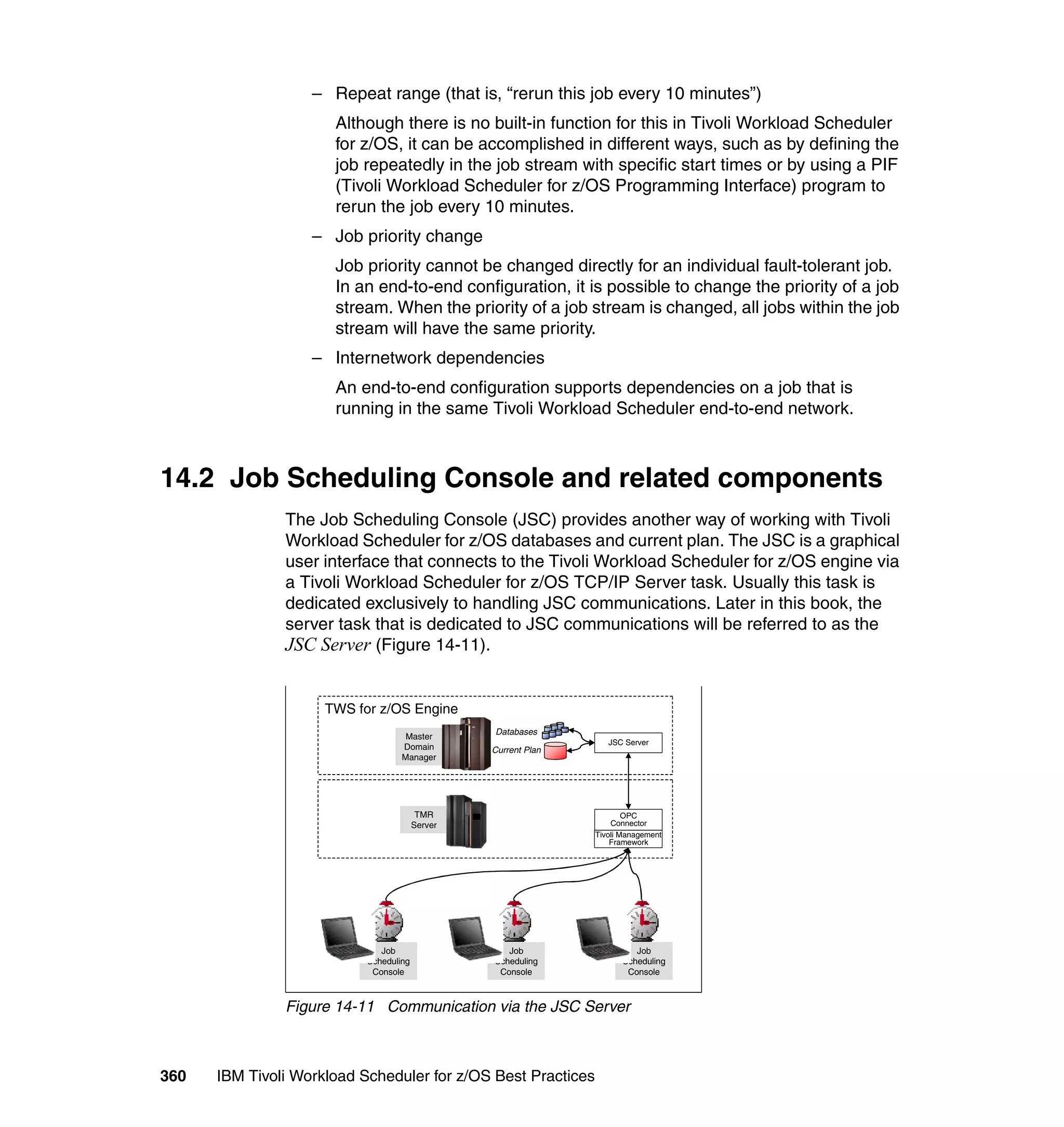 – Repeat range (that is, “rerun this job every 10 minutes”)
                      Although there is no built-in function for this in Tivoli Workload Scheduler
                      for z/OS, it can be accomplished in different ways, such as by defining the
                      job repeatedly in the job stream with specific start times or by using a PIF
                      (Tivoli Workload Scheduler for z/OS Programming Interface) program to
                      rerun the job every 10 minutes.
                   – Job priority change
                      Job priority cannot be changed directly for an individual fault-tolerant job.
                      In an end-to-end configuration, it is possible to change the priority of a job
                      stream. When the priority of a job stream is changed, all jobs within the job
                      stream will have the same priority.
                   – Internetwork dependencies
                      An end-to-end configuration supports dependencies on a job that is
                      running in the same Tivoli Workload Scheduler end-to-end network.



14.2 Job Scheduling Console and related components
               The Job Scheduling Console (JSC) provides another way of working with Tivoli
               Workload Scheduler for z/OS databases and current plan. The JSC is a graphical
               user interface that connects to the Tivoli Workload Scheduler for z/OS engine via
               a Tivoli Workload Scheduler for z/OS TCP/IP Server task. Usually this task is
               dedicated exclusively to handling JSC communications. Later in this book, the
               server task that is dedicated to JSC communications will be referred to as the
               JSC Server (Figure 14-11).


                     TWS for z/OS Engine
                                                 Databases
                                    Master
                                                                   JSC Server
                                   Domain        Current Plan
                                   Manager




                                         TMR                            OPC
                                        Server                      Connector
                                                                Tivoli Management
                                                                    Framework




                              Job                   Job                   Job
                           Scheduling            Scheduling            Scheduling
                            Console               Console               Console



               Figure 14-11 Communication via the JSC Server



360   IBM Tivoli Workload Scheduler for z/OS Best Practices
 