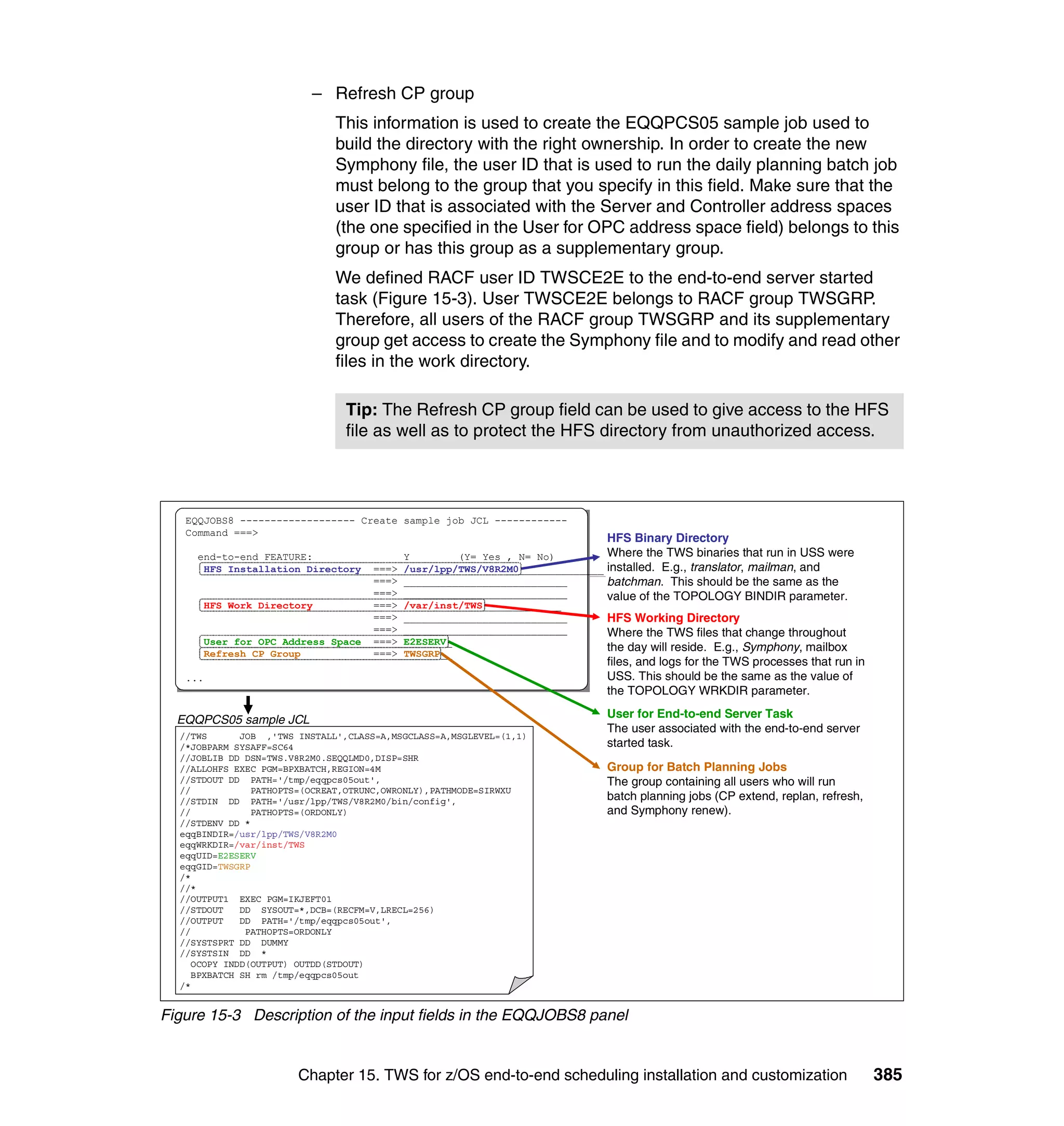 – Refresh CP group
                              This information is used to create the EQQPCS05 sample job used to
                              build the directory with the right ownership. In order to create the new
                              Symphony file, the user ID that is used to run the daily planning batch job
                              must belong to the group that you specify in this field. Make sure that the
                              user ID that is associated with the Server and Controller address spaces
                              (the one specified in the User for OPC address space field) belongs to this
                              group or has this group as a supplementary group.
                              We defined RACF user ID TWSCE2E to the end-to-end server started
                              task (Figure 15-3). User TWSCE2E belongs to RACF group TWSGRP.
                              Therefore, all users of the RACF group TWSGRP and its supplementary
                              group get access to create the Symphony file and to modify and read other
                              files in the work directory.

                                Tip: The Refresh CP group field can be used to give access to the HFS
                                file as well as to protect the HFS directory from unauthorized access.




   EQQJOBS8 ------------------- Create sample job JCL ------------
   EQQJOBS8 ------------------- Create sample job JCL ------------
   Command ===>
   Command ===>                                                              HFS Binary Directory
     end-to-end FEATURE:
     end-to-end FEATURE:                  Y
                                          Y        (Y= Yes , N= No)
                                                   (Y= Yes , N= No)
                                                                            Where the TWS binaries that run in USS were
      HFS Installation Directory ===>
      HFS Installation Directory ===>     /usr/lpp/TWS/V8R2M0______________ installed. E.g., translator, mailman, and
                                          /usr/lpp/TWS/V8R2M0______________
                                 ===>
                                 ===>     ___________________________
                                          ___________________________       batchman. This should be the same as the
                                 ===>
                                 ===>     ___________________________
                                          ___________________________       value of the TOPOLOGY BINDIR parameter.
      HFS Work Directory
      HFS Work Directory         ===>
                                 ===>     /var/inst/TWS_____________
                                          /var/inst/TWS_____________
                                 ===>
                                 ===>     ___________________________
                                          ___________________________       HFS Working Directory
                                 ===>
                                 ===>     ___________________________
                                          ___________________________       Where the TWS files that change throughout
      User for OPC Address Space ===>
      User for OPC Address Space ===>     E2ESERV_
                                          E2ESERV_
      Refresh CP Group           ===>     TWSGRP__
                                                                            the day will reside. E.g., Symphony, mailbox
      Refresh CP Group           ===>     TWSGRP__
                                                                             files, and logs for the TWS processes that run in
   ...
   ...                                                                       USS. This should be the same as the value of
                                                                             the TOPOLOGY WRKDIR parameter.

  EQQPCS05 sample JCL                                                        User for End-to-end Server Task
                                                                             The user associated with the end-to-end server
  //TWS      JOB ,'TWS INSTALL',CLASS=A,MSGCLASS=A,MSGLEVEL=(1,1)
  /*JOBPARM SYSAFF=SC64                                                      started task.
  //JOBLIB DD DSN=TWS.V8R2M0.SEQQLMD0,DISP=SHR
  //ALLOHFS EXEC PGM=BPXBATCH,REGION=4M                                      Group for Batch Planning Jobs
  //STDOUT DD PATH='/tmp/eqqpcs05out',                                       The group containing all users who will run
  //            PATHOPTS=(OCREAT,OTRUNC,OWRONLY),PATHMODE=SIRWXU
  //STDIN DD PATH='/usr/lpp/TWS/V8R2M0/bin/config',                          batch planning jobs (CP extend, replan, refresh,
  //            PATHOPTS=(ORDONLY)                                           and Symphony renew).
  //STDENV DD *
  eqqBINDIR=/usr/lpp/TWS/V8R2M0
  eqqWRKDIR=/var/inst/TWS
  eqqUID=E2ESERV
  eqqGID=TWSGRP
  /*
  //*
  //OUTPUT1 EXEC PGM=IKJEFT01
  //STDOUT   DD SYSOUT=*,DCB=(RECFM=V,LRECL=256)
  //OUTPUT   DD PATH='/tmp/eqqpcs05out',
  //          PATHOPTS=ORDONLY
  //SYSTSPRT DD DUMMY
  //SYSTSIN DD *
    OCOPY INDD(OUTPUT) OUTDD(STDOUT)
    BPXBATCH SH rm /tmp/eqqpcs05out
  /*


Figure 15-3 Description of the input fields in the EQQJOBS8 panel


                       Chapter 15. TWS for z/OS end-to-end scheduling installation and customization                             385
 