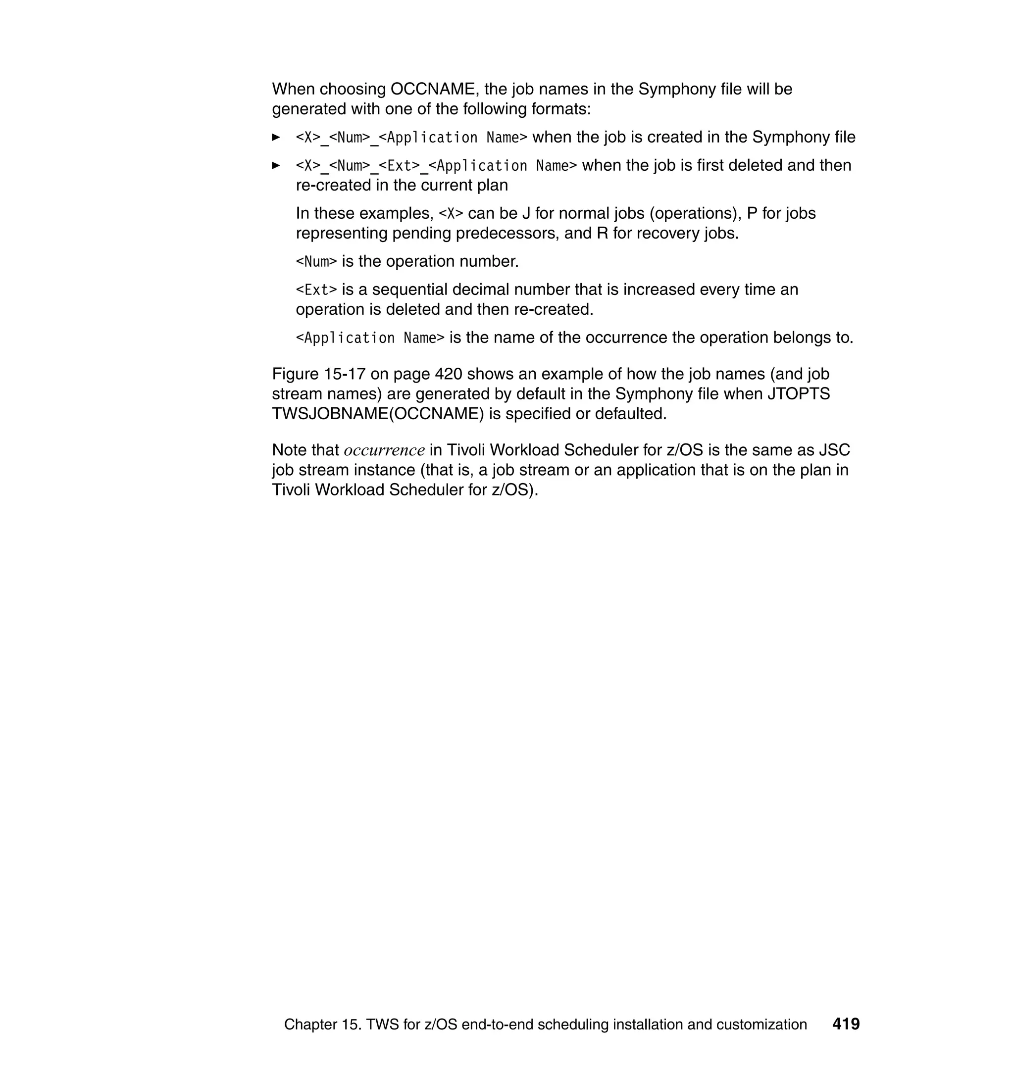 When choosing OCCNAME, the job names in the Symphony file will be
generated with one of the following formats:
   <X>_<Num>_<Application Name> when the job is created in the Symphony file
   <X>_<Num>_<Ext>_<Application Name> when the job is first deleted and then
   re-created in the current plan
   In these examples, <X> can be J for normal jobs (operations), P for jobs
   representing pending predecessors, and R for recovery jobs.
   <Num> is the operation number.
   <Ext> is a sequential decimal number that is increased every time an
   operation is deleted and then re-created.
   <Application Name> is the name of the occurrence the operation belongs to.

Figure 15-17 on page 420 shows an example of how the job names (and job
stream names) are generated by default in the Symphony file when JTOPTS
TWSJOBNAME(OCCNAME) is specified or defaulted.

Note that occurrence in Tivoli Workload Scheduler for z/OS is the same as JSC
job stream instance (that is, a job stream or an application that is on the plan in
Tivoli Workload Scheduler for z/OS).




 Chapter 15. TWS for z/OS end-to-end scheduling installation and customization   419
 