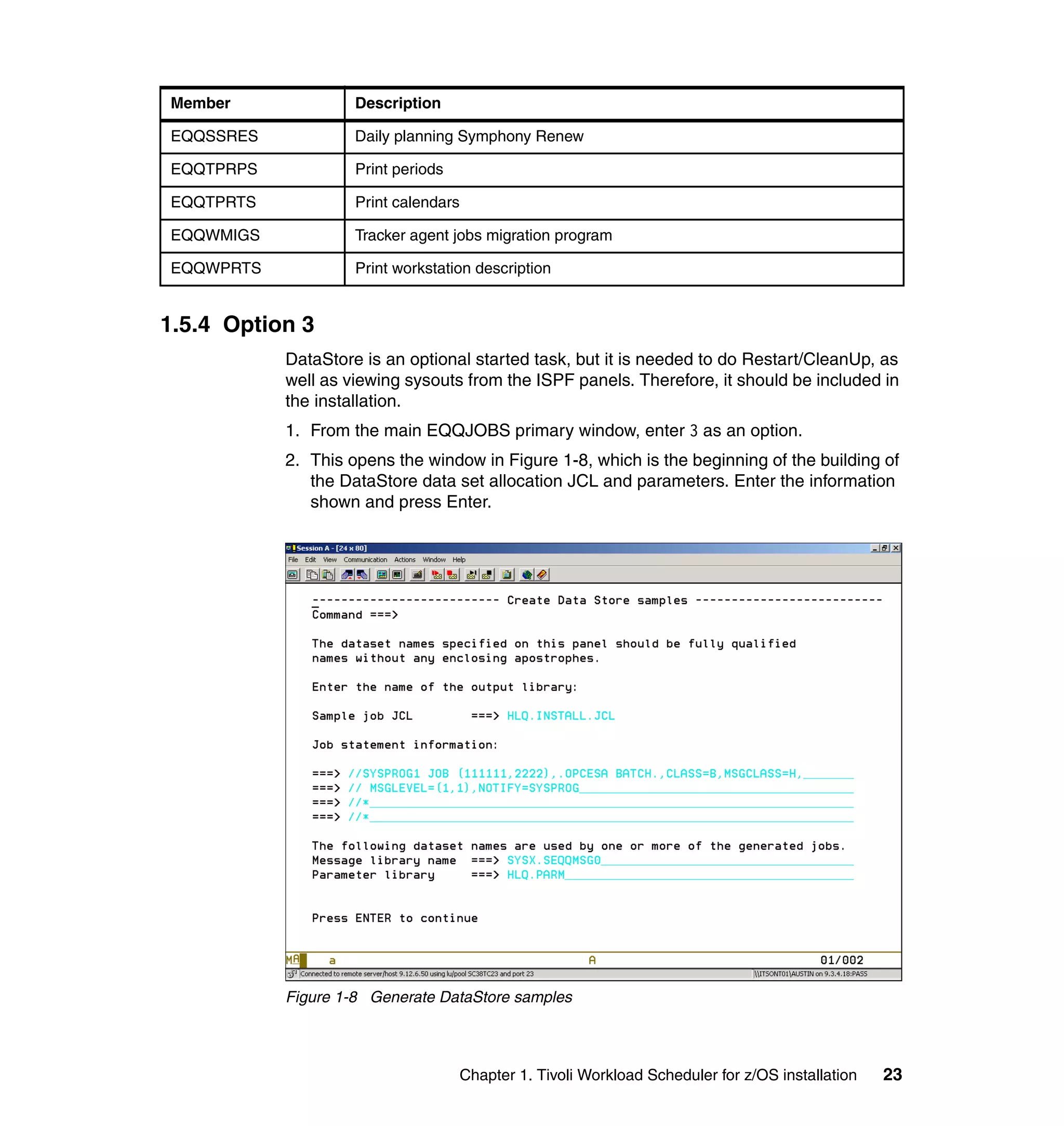 Member              Description

EQQSSRES            Daily planning Symphony Renew

EQQTPRPS            Print periods

EQQTPRTS            Print calendars

EQQWMIGS            Tracker agent jobs migration program

EQQWPRTS            Print workstation description


1.5.4 Option 3
           DataStore is an optional started task, but it is needed to do Restart/CleanUp, as
           well as viewing sysouts from the ISPF panels. Therefore, it should be included in
           the installation.
           1. From the main EQQJOBS primary window, enter 3 as an option.
           2. This opens the window in Figure 1-8, which is the beginning of the building of
              the DataStore data set allocation JCL and parameters. Enter the information
              shown and press Enter.




           Figure 1-8 Generate DataStore samples



                                    Chapter 1. Tivoli Workload Scheduler for z/OS installation   23
 