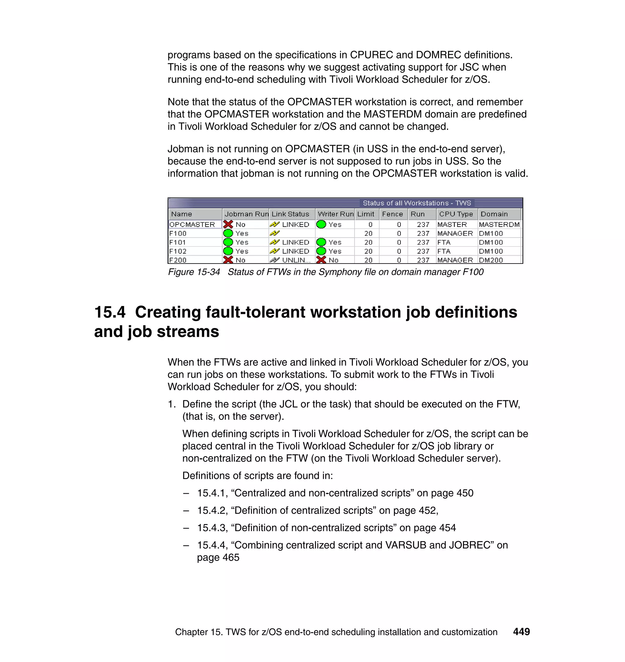 programs based on the specifications in CPUREC and DOMREC definitions.
         This is one of the reasons why we suggest activating support for JSC when
         running end-to-end scheduling with Tivoli Workload Scheduler for z/OS.

         Note that the status of the OPCMASTER workstation is correct, and remember
         that the OPCMASTER workstation and the MASTERDM domain are predefined
         in Tivoli Workload Scheduler for z/OS and cannot be changed.

         Jobman is not running on OPCMASTER (in USS in the end-to-end server),
         because the end-to-end server is not supposed to run jobs in USS. So the
         information that jobman is not running on the OPCMASTER workstation is valid.




         Figure 15-34 Status of FTWs in the Symphony file on domain manager F100



15.4 Creating fault-tolerant workstation job definitions
and job streams
         When the FTWs are active and linked in Tivoli Workload Scheduler for z/OS, you
         can run jobs on these workstations. To submit work to the FTWs in Tivoli
         Workload Scheduler for z/OS, you should:
         1. Define the script (the JCL or the task) that should be executed on the FTW,
            (that is, on the server).
            When defining scripts in Tivoli Workload Scheduler for z/OS, the script can be
            placed central in the Tivoli Workload Scheduler for z/OS job library or
            non-centralized on the FTW (on the Tivoli Workload Scheduler server).
            Definitions of scripts are found in:
            – 15.4.1, “Centralized and non-centralized scripts” on page 450
            – 15.4.2, “Definition of centralized scripts” on page 452,
            – 15.4.3, “Definition of non-centralized scripts” on page 454
            – 15.4.4, “Combining centralized script and VARSUB and JOBREC” on
              page 465




          Chapter 15. TWS for z/OS end-to-end scheduling installation and customization   449
 