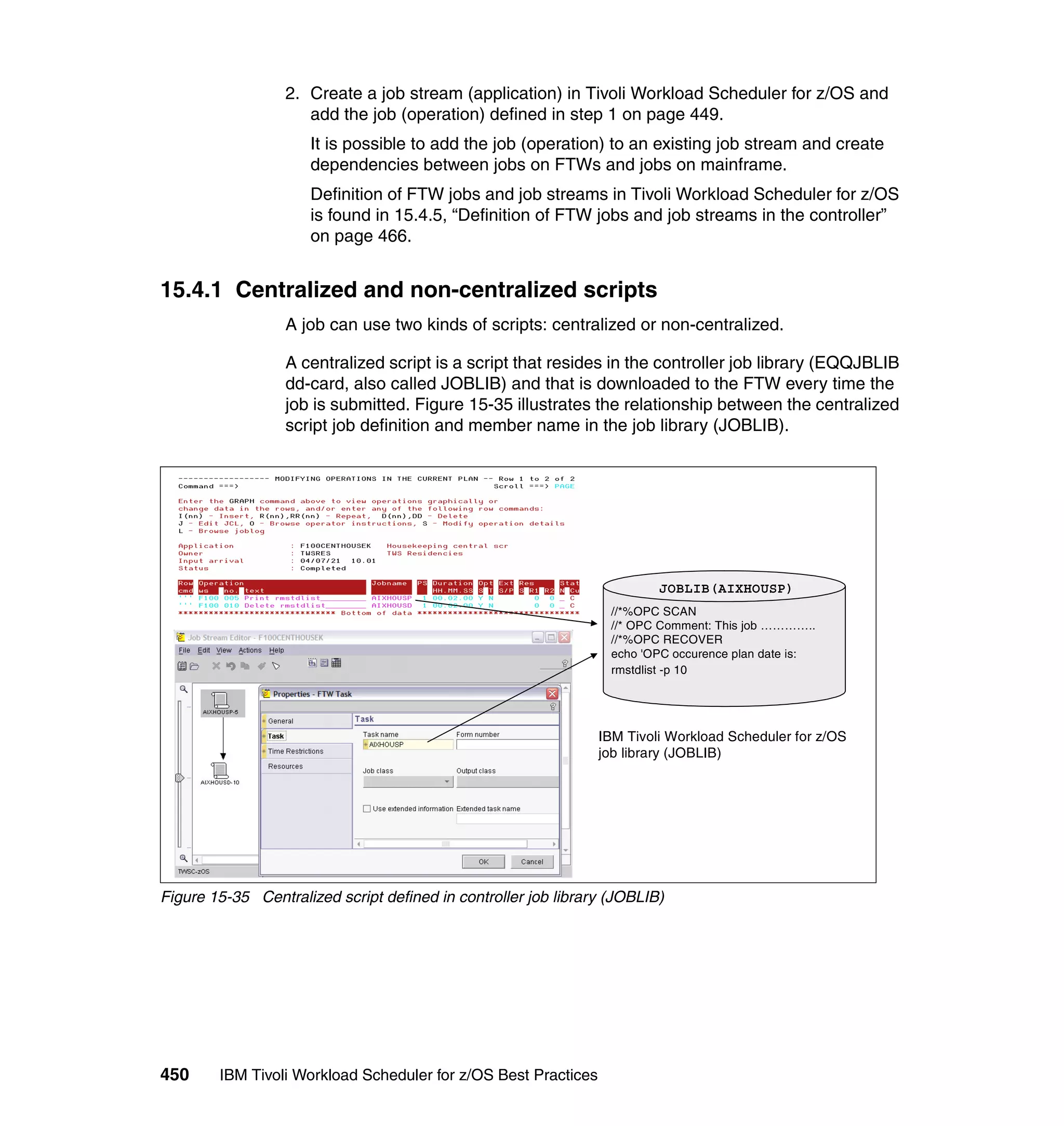 2. Create a job stream (application) in Tivoli Workload Scheduler for z/OS and
                     add the job (operation) defined in step 1 on page 449.
                      It is possible to add the job (operation) to an existing job stream and create
                      dependencies between jobs on FTWs and jobs on mainframe.
                      Definition of FTW jobs and job streams in Tivoli Workload Scheduler for z/OS
                      is found in 15.4.5, “Definition of FTW jobs and job streams in the controller”
                      on page 466.


15.4.1 Centralized and non-centralized scripts
                  A job can use two kinds of scripts: centralized or non-centralized.

                  A centralized script is a script that resides in the controller job library (EQQJBLIB
                  dd-card, also called JOBLIB) and that is downloaded to the FTW every time the
                  job is submitted. Figure 15-35 illustrates the relationship between the centralized
                  script job definition and member name in the job library (JOBLIB).




                                                                         JOBLIB(AIXHOUSP)
                                                                  //*%OPC SCAN
                                                                  //* OPC Comment: This job …………..
                                                                  //*%OPC RECOVER
                                                                  echo 'OPC occurence plan date is:
                                                                  rmstdlist -p 10




                                                                IBM Tivoli Workload Scheduler for z/OS
                                                                job library (JOBLIB)




Figure 15-35 Centralized script defined in controller job library (JOBLIB)




450     IBM Tivoli Workload Scheduler for z/OS Best Practices
 