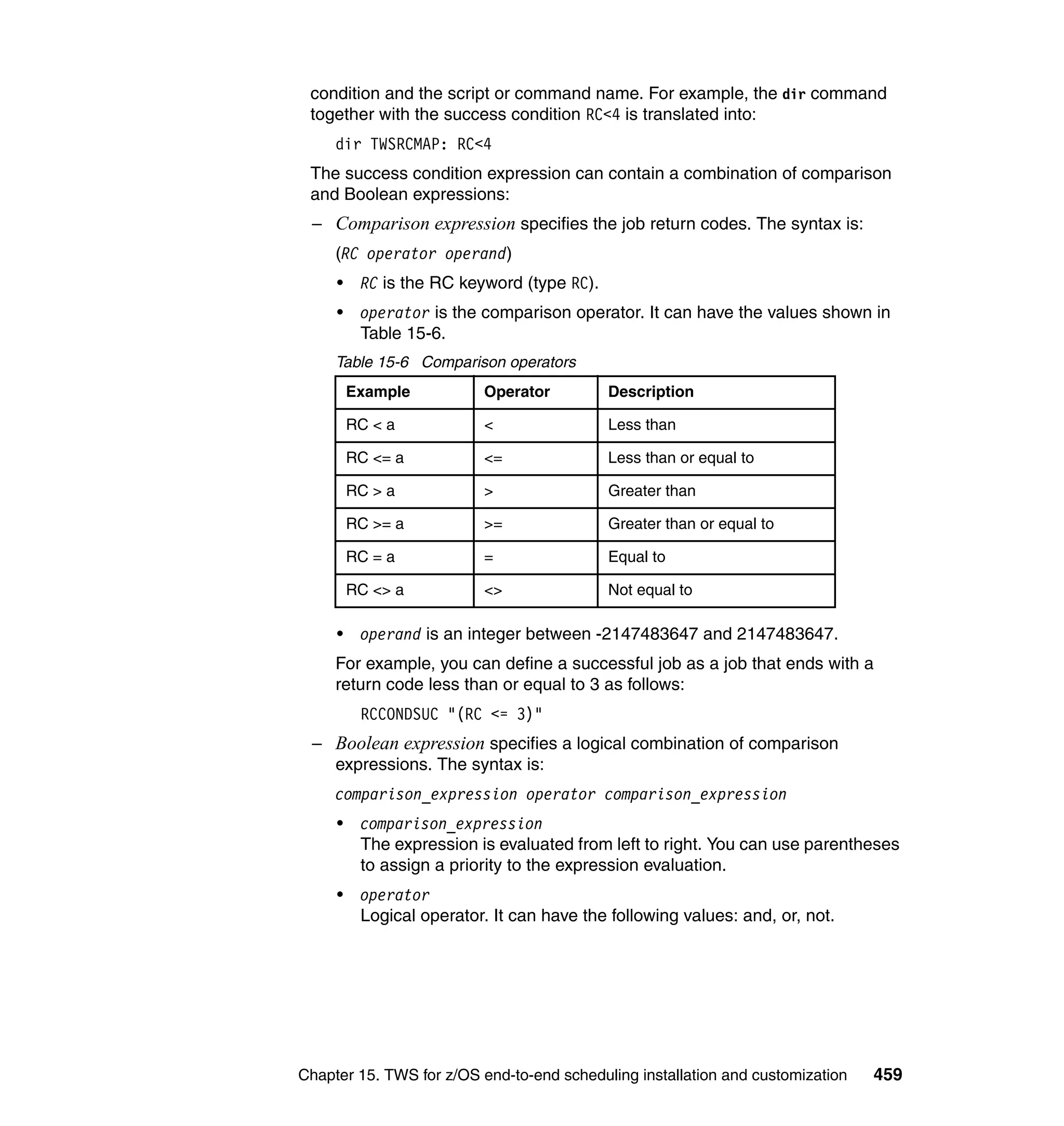 condition and the script or command name. For example, the dir command
 together with the success condition RC<4 is translated into:
     dir TWSRCMAP: RC<4
 The success condition expression can contain a combination of comparison
 and Boolean expressions:
 – Comparison expression specifies the job return codes. The syntax is:
     (RC operator operand)
     •    RC is the RC keyword (type RC).
     •    operator is the comparison operator. It can have the values shown in
          Table 15-6.
     Table 15-6 Comparison operators
         Example          Operator          Description

         RC < a           <                 Less than

         RC <= a          <=                Less than or equal to

         RC > a           >                 Greater than

         RC >= a          >=                Greater than or equal to

         RC = a           =                 Equal to

         RC <> a          <>                Not equal to

     •    operand is an integer between -2147483647 and 2147483647.
     For example, you can define a successful job as a job that ends with a
     return code less than or equal to 3 as follows:
          RCCONDSUC "(RC <= 3)"
 – Boolean expression specifies a logical combination of comparison
   expressions. The syntax is:
     comparison_expression operator comparison_expression
     •    comparison_expression
          The expression is evaluated from left to right. You can use parentheses
          to assign a priority to the expression evaluation.
     •    operator
          Logical operator. It can have the following values: and, or, not.




Chapter 15. TWS for z/OS end-to-end scheduling installation and customization   459
 