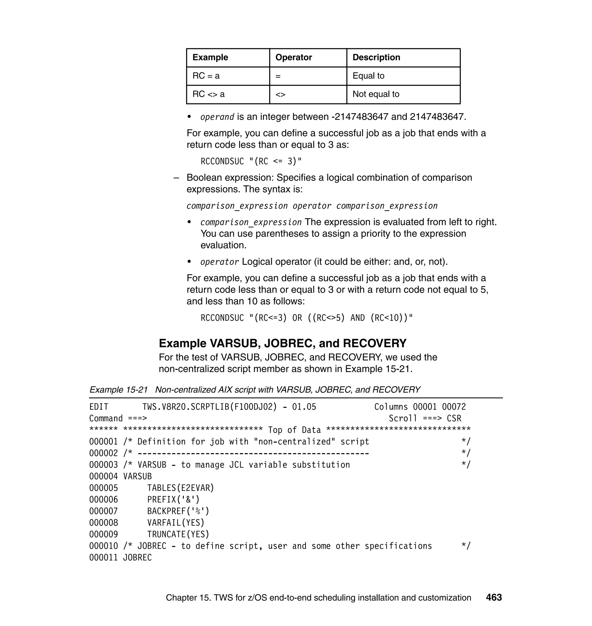 Example            Operator           Description

                          RC = a             =                  Equal to

                          RC <> a            <>                 Not equal to

                      •    operand is an integer between -2147483647 and 2147483647.
                      For example, you can define a successful job as a job that ends with a
                      return code less than or equal to 3 as:
                           RCCONDSUC "(RC <= 3)"
                  – Boolean expression: Specifies a logical combination of comparison
                    expressions. The syntax is:
                      comparison_expression operator comparison_expression
                      •    comparison_expression The expression is evaluated from left to right.
                           You can use parentheses to assign a priority to the expression
                           evaluation.
                      •    operator Logical operator (it could be either: and, or, not).
                      For example, you can define a successful job as a job that ends with a
                      return code less than or equal to 3 or with a return code not equal to 5,
                      and less than 10 as follows:
                           RCCONDSUC "(RC<=3) OR ((RC<>5) AND (RC<10))"

               Example VARSUB, JOBREC, and RECOVERY
               For the test of VARSUB, JOBREC, and RECOVERY, we used the
               non-centralized script member as shown in Example 15-21.

Example 15-21 Non-centralized AIX script with VARSUB, JOBREC, and RECOVERY
EDIT       TWS.V8R20.SCRPTLIB(F100DJ02) - 01.05            Columns 00001 00072
Command ===>                                                  Scroll ===> CSR
****** ***************************** Top of Data ******************************
000001 /* Definition for job with "non-centralized" script                    */
000002 /* ------------------------------------------------                    */
000003 /* VARSUB - to manage JCL variable substitution                        */
000004 VARSUB
000005       TABLES(E2EVAR)
000006       PREFIX('&')
000007       BACKPREF('%')
000008       VARFAIL(YES)
000009       TRUNCATE(YES)
000010 /* JOBREC - to define script, user and some other specifications       */
000011 JOBREC



                 Chapter 15. TWS for z/OS end-to-end scheduling installation and customization   463
 
