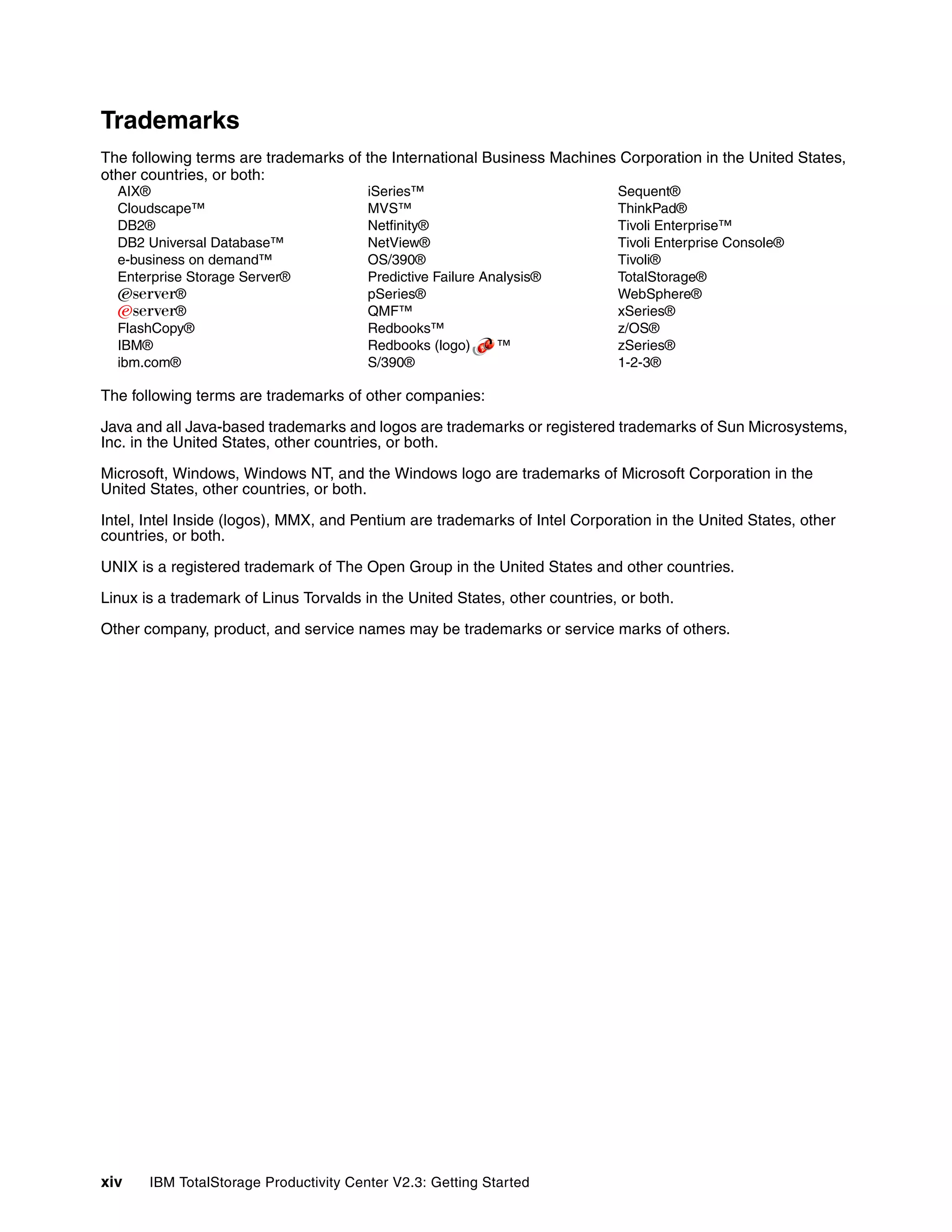 Trademarks
The following terms are trademarks of the International Business Machines Corporation in the United States,
other countries, or both:
  AIX®                                  iSeries™                             Sequent®
  Cloudscape™                           MVS™                                 ThinkPad®
  DB2®                                  Netfinity®                           Tivoli Enterprise™
  DB2 Universal Database™               NetView®                             Tivoli Enterprise Console®
  e-business on demand™                 OS/390®                              Tivoli®
  Enterprise Storage Server®            Predictive Failure Analysis®         TotalStorage®
  Eserver®                              pSeries®                             WebSphere®
  Eserver®                              QMF™                                 xSeries®
  FlashCopy®                            Redbooks™                            z/OS®
  IBM®                                  Redbooks (logo)      ™               zSeries®
  ibm.com®                              S/390®                               1-2-3®

The following terms are trademarks of other companies:

Java and all Java-based trademarks and logos are trademarks or registered trademarks of Sun Microsystems,
Inc. in the United States, other countries, or both.

Microsoft, Windows, Windows NT, and the Windows logo are trademarks of Microsoft Corporation in the
United States, other countries, or both.

Intel, Intel Inside (logos), MMX, and Pentium are trademarks of Intel Corporation in the United States, other
countries, or both.

UNIX is a registered trademark of The Open Group in the United States and other countries.

Linux is a trademark of Linus Torvalds in the United States, other countries, or both.

Other company, product, and service names may be trademarks or service marks of others.




xiv    IBM TotalStorage Productivity Center V2.3: Getting Started
 