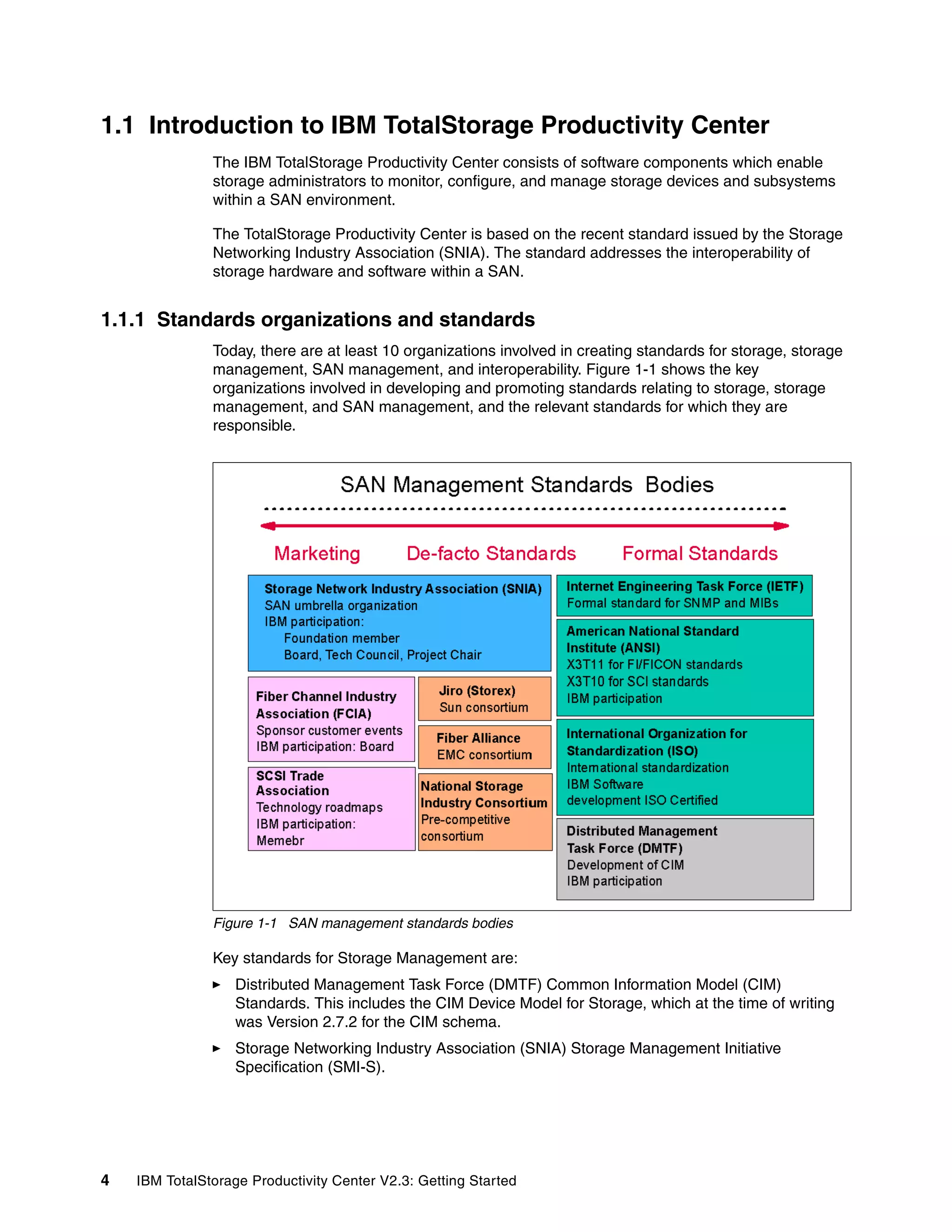 1.1 Introduction to IBM TotalStorage Productivity Center
               The IBM TotalStorage Productivity Center consists of software components which enable
               storage administrators to monitor, configure, and manage storage devices and subsystems
               within a SAN environment.

               The TotalStorage Productivity Center is based on the recent standard issued by the Storage
               Networking Industry Association (SNIA). The standard addresses the interoperability of
               storage hardware and software within a SAN.


1.1.1 Standards organizations and standards
               Today, there are at least 10 organizations involved in creating standards for storage, storage
               management, SAN management, and interoperability. Figure 1-1 shows the key
               organizations involved in developing and promoting standards relating to storage, storage
               management, and SAN management, and the relevant standards for which they are
               responsible.




               Figure 1-1 SAN management standards bodies

               Key standards for Storage Management are:
                   Distributed Management Task Force (DMTF) Common Information Model (CIM)
                   Standards. This includes the CIM Device Model for Storage, which at the time of writing
                   was Version 2.7.2 for the CIM schema.
                   Storage Networking Industry Association (SNIA) Storage Management Initiative
                   Specification (SMI-S).




4   IBM TotalStorage Productivity Center V2.3: Getting Started
 