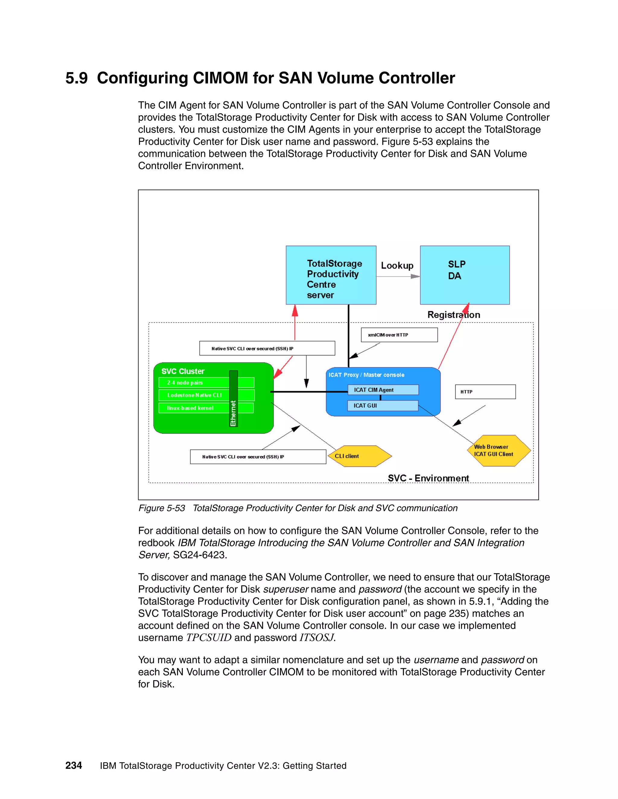 5.9 Configuring CIMOM for SAN Volume Controller
              The CIM Agent for SAN Volume Controller is part of the SAN Volume Controller Console and
              provides the TotalStorage Productivity Center for Disk with access to SAN Volume Controller
              clusters. You must customize the CIM Agents in your enterprise to accept the TotalStorage
              Productivity Center for Disk user name and password. Figure 5-53 explains the
              communication between the TotalStorage Productivity Center for Disk and SAN Volume
              Controller Environment.




              Figure 5-53 TotalStorage Productivity Center for Disk and SVC communication

              For additional details on how to configure the SAN Volume Controller Console, refer to the
              redbook IBM TotalStorage Introducing the SAN Volume Controller and SAN Integration
              Server, SG24-6423.

              To discover and manage the SAN Volume Controller, we need to ensure that our TotalStorage
              Productivity Center for Disk superuser name and password (the account we specify in the
              TotalStorage Productivity Center for Disk configuration panel, as shown in 5.9.1, “Adding the
              SVC TotalStorage Productivity Center for Disk user account” on page 235) matches an
              account defined on the SAN Volume Controller console. In our case we implemented
              username TPCSUID and password ITSOSJ.

              You may want to adapt a similar nomenclature and set up the username and password on
              each SAN Volume Controller CIMOM to be monitored with TotalStorage Productivity Center
              for Disk.




234   IBM TotalStorage Productivity Center V2.3: Getting Started
 