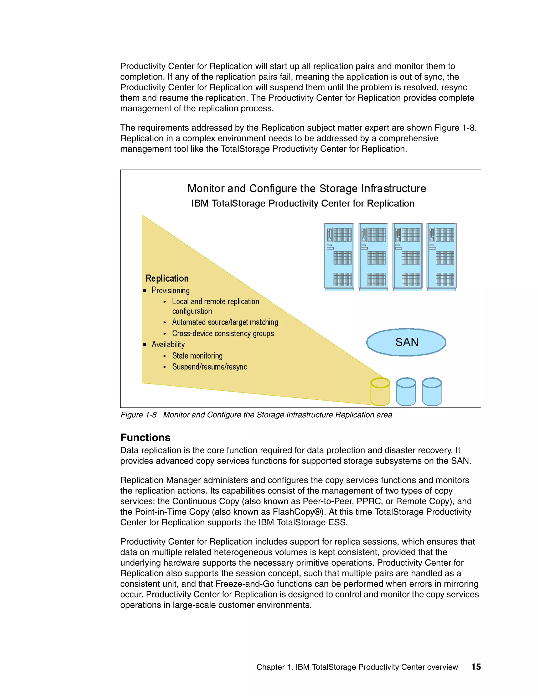 Productivity Center for Replication will start up all replication pairs and monitor them to
completion. If any of the replication pairs fail, meaning the application is out of sync, the
Productivity Center for Replication will suspend them until the problem is resolved, resync
them and resume the replication. The Productivity Center for Replication provides complete
management of the replication process.

The requirements addressed by the Replication subject matter expert are shown Figure 1-8.
Replication in a complex environment needs to be addressed by a comprehensive
management tool like the TotalStorage Productivity Center for Replication.




Figure 1-8 Monitor and Configure the Storage Infrastructure Replication area


Functions
Data replication is the core function required for data protection and disaster recovery. It
provides advanced copy services functions for supported storage subsystems on the SAN.

Replication Manager administers and configures the copy services functions and monitors
the replication actions. Its capabilities consist of the management of two types of copy
services: the Continuous Copy (also known as Peer-to-Peer, PPRC, or Remote Copy), and
the Point-in-Time Copy (also known as FlashCopy®). At this time TotalStorage Productivity
Center for Replication supports the IBM TotalStorage ESS.

Productivity Center for Replication includes support for replica sessions, which ensures that
data on multiple related heterogeneous volumes is kept consistent, provided that the
underlying hardware supports the necessary primitive operations. Productivity Center for
Replication also supports the session concept, such that multiple pairs are handled as a
consistent unit, and that Freeze-and-Go functions can be performed when errors in mirroring
occur. Productivity Center for Replication is designed to control and monitor the copy services
operations in large-scale customer environments.




                                      Chapter 1. IBM TotalStorage Productivity Center overview   15
 
