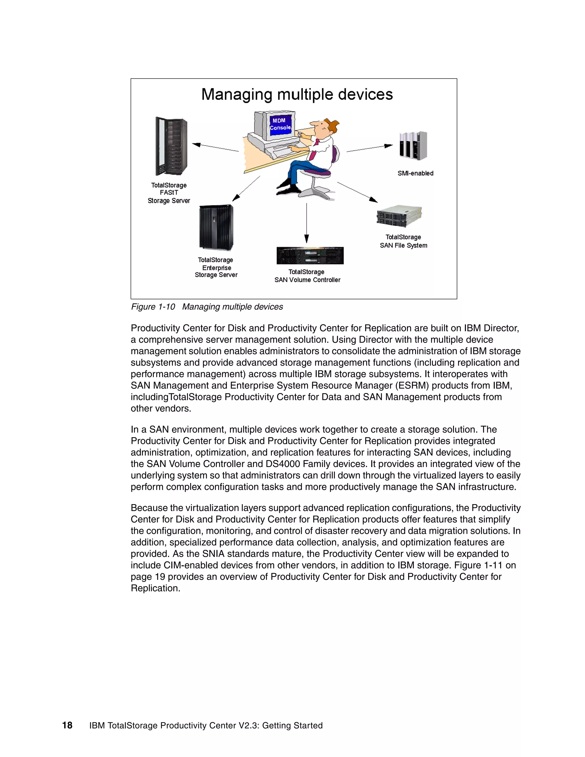 Figure 1-10 Managing multiple devices

               Productivity Center for Disk and Productivity Center for Replication are built on IBM Director,
               a comprehensive server management solution. Using Director with the multiple device
               management solution enables administrators to consolidate the administration of IBM storage
               subsystems and provide advanced storage management functions (including replication and
               performance management) across multiple IBM storage subsystems. It interoperates with
               SAN Management and Enterprise System Resource Manager (ESRM) products from IBM,
               includingTotalStorage Productivity Center for Data and SAN Management products from
               other vendors.

               In a SAN environment, multiple devices work together to create a storage solution. The
               Productivity Center for Disk and Productivity Center for Replication provides integrated
               administration, optimization, and replication features for interacting SAN devices, including
               the SAN Volume Controller and DS4000 Family devices. It provides an integrated view of the
               underlying system so that administrators can drill down through the virtualized layers to easily
               perform complex configuration tasks and more productively manage the SAN infrastructure.

               Because the virtualization layers support advanced replication configurations, the Productivity
               Center for Disk and Productivity Center for Replication products offer features that simplify
               the configuration, monitoring, and control of disaster recovery and data migration solutions. In
               addition, specialized performance data collection, analysis, and optimization features are
               provided. As the SNIA standards mature, the Productivity Center view will be expanded to
               include CIM-enabled devices from other vendors, in addition to IBM storage. Figure 1-11 on
               page 19 provides an overview of Productivity Center for Disk and Productivity Center for
               Replication.




18   IBM TotalStorage Productivity Center V2.3: Getting Started
 