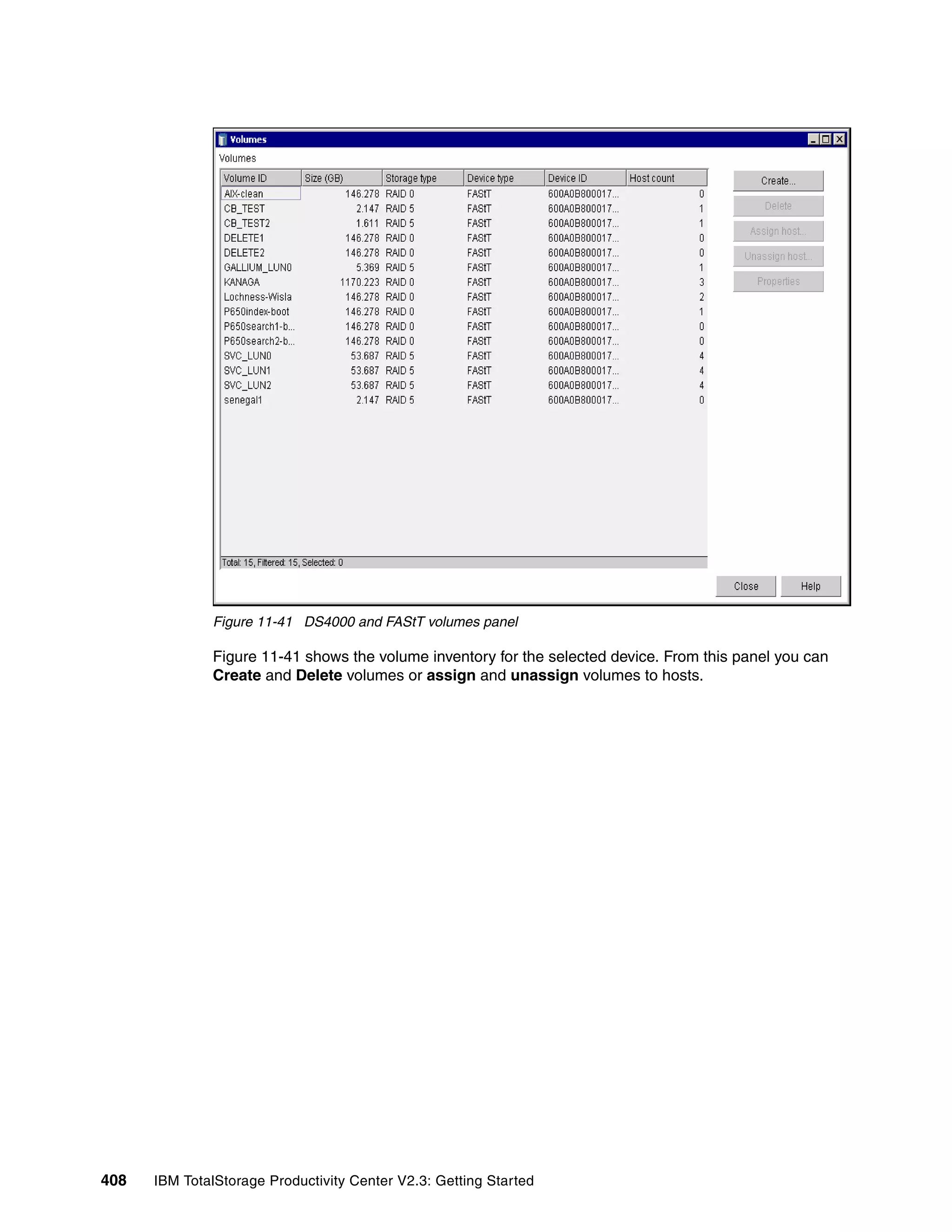 Figure 11-41 DS4000 and FAStT volumes panel

              Figure 11-41 shows the volume inventory for the selected device. From this panel you can
              Create and Delete volumes or assign and unassign volumes to hosts.




408   IBM TotalStorage Productivity Center V2.3: Getting Started
 