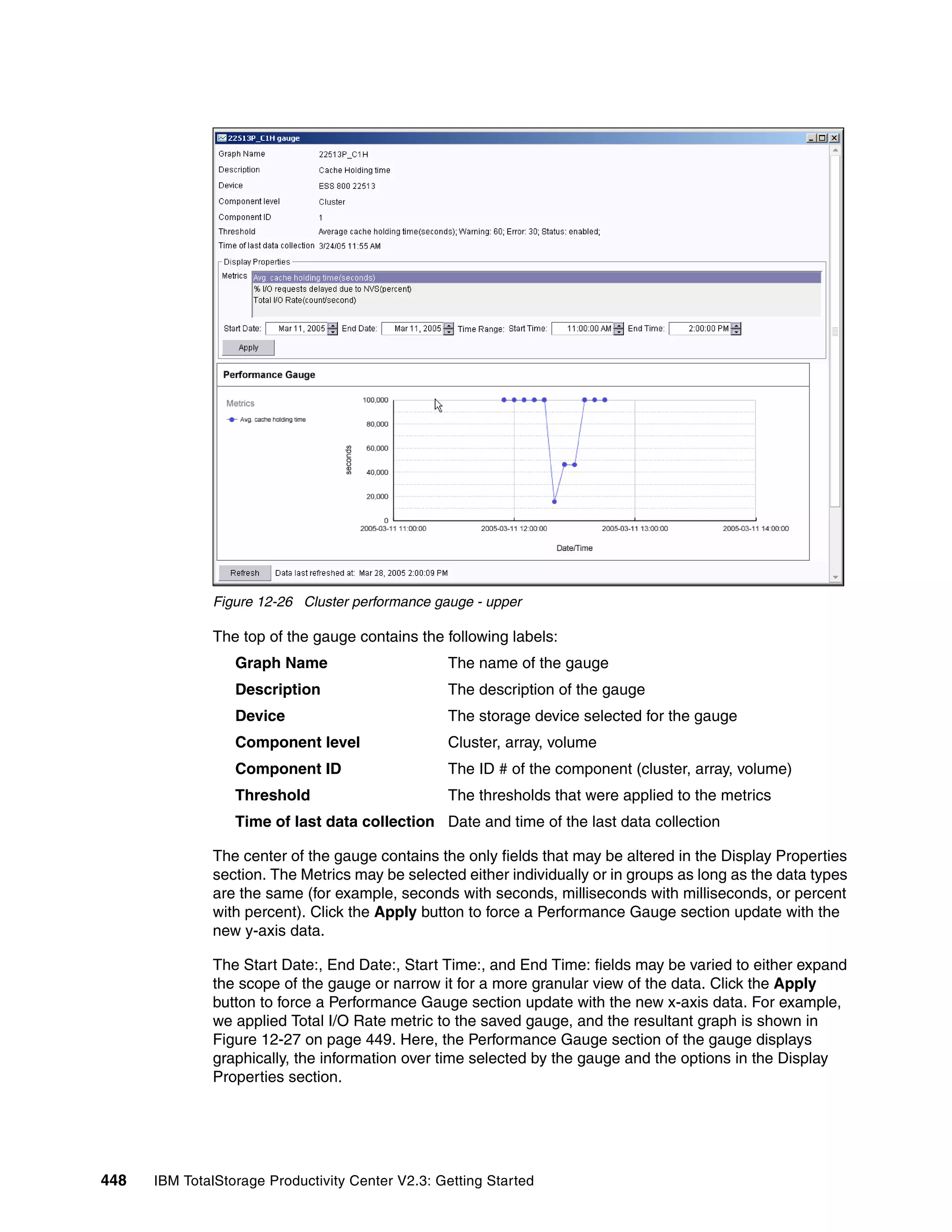 Figure 12-26 Cluster performance gauge - upper

              The top of the gauge contains the following labels:
                  Graph Name                      The name of the gauge
                  Description                     The description of the gauge
                  Device                          The storage device selected for the gauge
                  Component level                 Cluster, array, volume
                  Component ID                    The ID # of the component (cluster, array, volume)
                  Threshold                       The thresholds that were applied to the metrics
                  Time of last data collection Date and time of the last data collection

              The center of the gauge contains the only fields that may be altered in the Display Properties
              section. The Metrics may be selected either individually or in groups as long as the data types
              are the same (for example, seconds with seconds, milliseconds with milliseconds, or percent
              with percent). Click the Apply button to force a Performance Gauge section update with the
              new y-axis data.

              The Start Date:, End Date:, Start Time:, and End Time: fields may be varied to either expand
              the scope of the gauge or narrow it for a more granular view of the data. Click the Apply
              button to force a Performance Gauge section update with the new x-axis data. For example,
              we applied Total I/O Rate metric to the saved gauge, and the resultant graph is shown in
              Figure 12-27 on page 449. Here, the Performance Gauge section of the gauge displays
              graphically, the information over time selected by the gauge and the options in the Display
              Properties section.




448   IBM TotalStorage Productivity Center V2.3: Getting Started
 