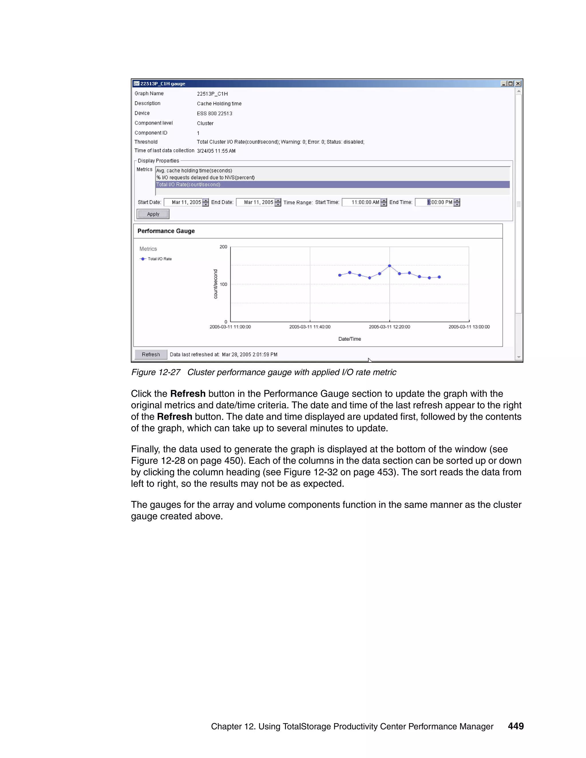 Figure 12-27 Cluster performance gauge with applied I/O rate metric

Click the Refresh button in the Performance Gauge section to update the graph with the
original metrics and date/time criteria. The date and time of the last refresh appear to the right
of the Refresh button. The date and time displayed are updated first, followed by the contents
of the graph, which can take up to several minutes to update.

Finally, the data used to generate the graph is displayed at the bottom of the window (see
Figure 12-28 on page 450). Each of the columns in the data section can be sorted up or down
by clicking the column heading (see Figure 12-32 on page 453). The sort reads the data from
left to right, so the results may not be as expected.

The gauges for the array and volume components function in the same manner as the cluster
gauge created above.




                    Chapter 12. Using TotalStorage Productivity Center Performance Manager    449
 