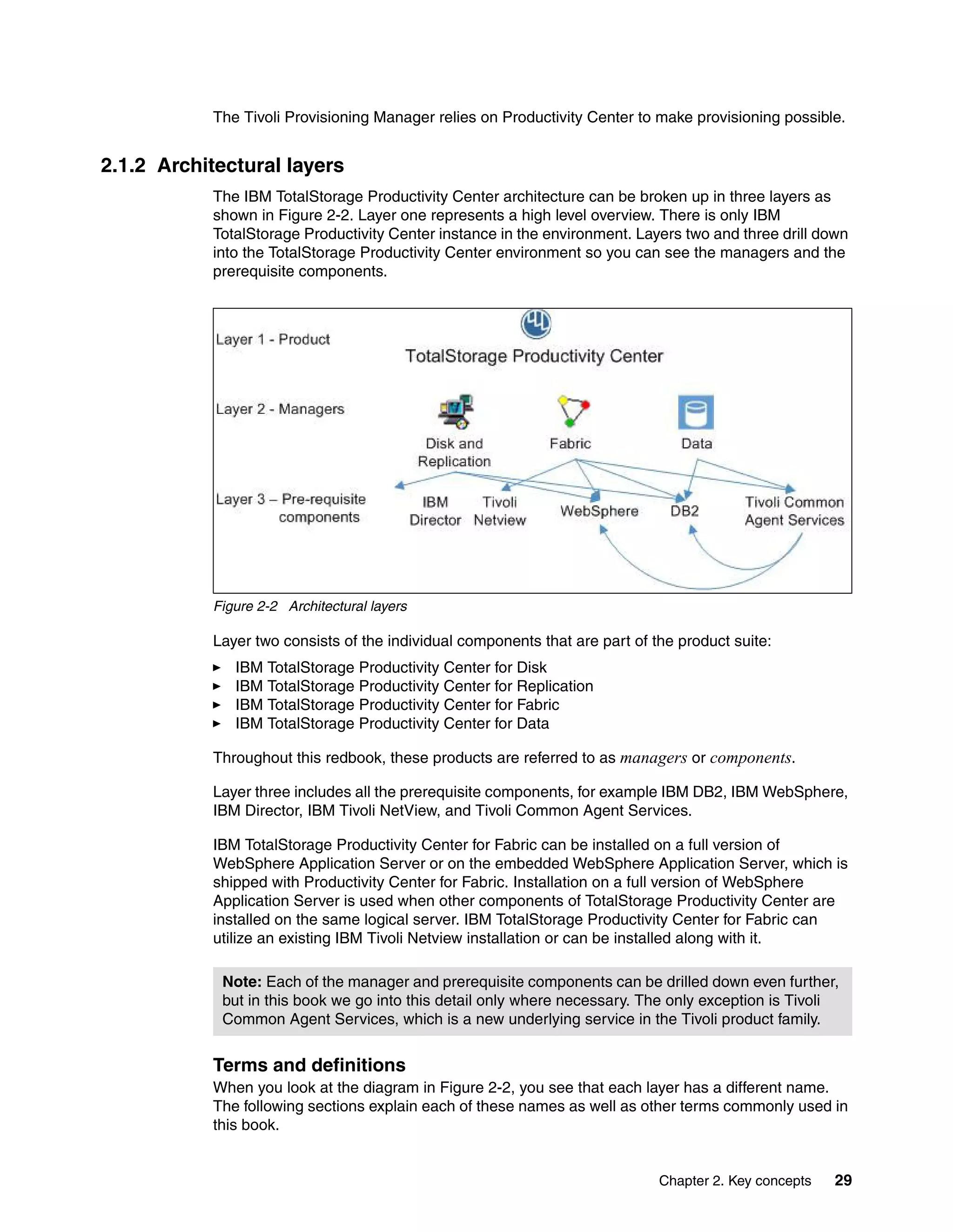 The Tivoli Provisioning Manager relies on Productivity Center to make provisioning possible.


2.1.2 Architectural layers
           The IBM TotalStorage Productivity Center architecture can be broken up in three layers as
           shown in Figure 2-2. Layer one represents a high level overview. There is only IBM
           TotalStorage Productivity Center instance in the environment. Layers two and three drill down
           into the TotalStorage Productivity Center environment so you can see the managers and the
           prerequisite components.




           Figure 2-2 Architectural layers

           Layer two consists of the individual components that are part of the product suite:
              IBM TotalStorage Productivity Center for Disk
              IBM TotalStorage Productivity Center for Replication
              IBM TotalStorage Productivity Center for Fabric
              IBM TotalStorage Productivity Center for Data

           Throughout this redbook, these products are referred to as managers or components.

           Layer three includes all the prerequisite components, for example IBM DB2, IBM WebSphere,
           IBM Director, IBM Tivoli NetView, and Tivoli Common Agent Services.

           IBM TotalStorage Productivity Center for Fabric can be installed on a full version of
           WebSphere Application Server or on the embedded WebSphere Application Server, which is
           shipped with Productivity Center for Fabric. Installation on a full version of WebSphere
           Application Server is used when other components of TotalStorage Productivity Center are
           installed on the same logical server. IBM TotalStorage Productivity Center for Fabric can
           utilize an existing IBM Tivoli Netview installation or can be installed along with it.

            Note: Each of the manager and prerequisite components can be drilled down even further,
            but in this book we go into this detail only where necessary. The only exception is Tivoli
            Common Agent Services, which is a new underlying service in the Tivoli product family.


           Terms and definitions
           When you look at the diagram in Figure 2-2, you see that each layer has a different name.
           The following sections explain each of these names as well as other terms commonly used in
           this book.


                                                                             Chapter 2. Key concepts   29
 