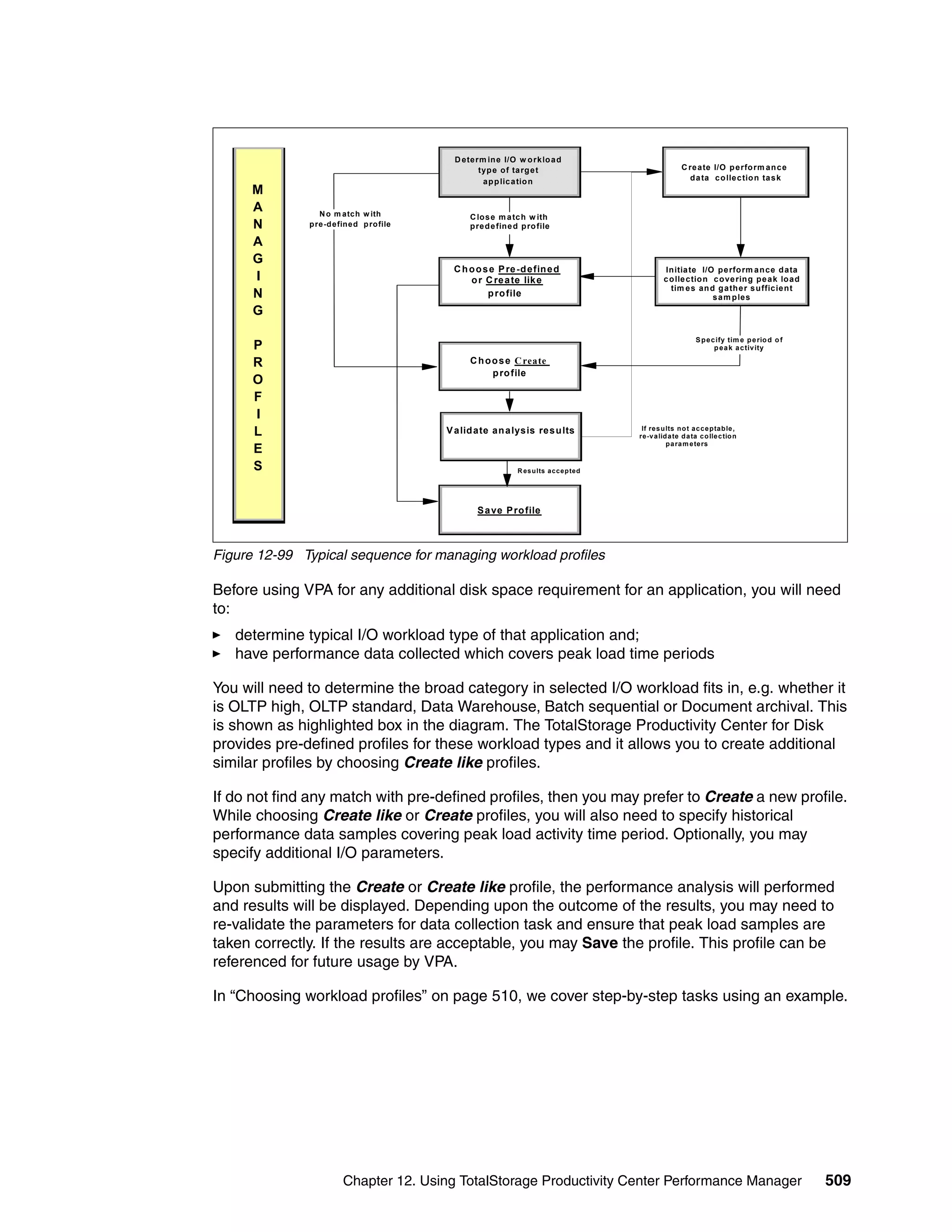 D eterm in e I/O w o rk lo a d
                                                typ e o f ta rg e t                                  C re a te I/O p erfo rm a n c e
                                                 a p p lic a tio n                                     da ta c o lle c tio n ta s k
      M
      A          N o m atch w ith             C lo s e m a tc h w ith
      N       p re-d efined p ro file         pre d e fine d p ro file

      A
      G
                                         C C o o s e e P re -dfin e d d
                                           h h o s P re -d e e fin e                          In itia te I/O p e rfo rm a n c e d a ta
      I                                      o r r C retete lik e
                                                o C re a a lik e                              c o lle c tio n c ove rin g p e a k lo ad
                                                                                                tim e s an d g a th e r s u fficie n t
      N                                             p ro file
                                                  p ro file                                                   s a m p le s
      G

                                                                                                           S p e c ify tim e p e rio d o f
      P                                                                                                           p ea k a c tiv ity

      R                                       C h o o s e C reate
                                                    p ro file
      O
      F
      I
      L                                 V a lid ate an alysis res u lts               If res u lts n o t a c ce p tab le ,
                                                                                     re-v a lid a te d a ta c o lle c tio n
                                                                                               p a ra m e te rs
      E
      S                                                     R es u lts ac c ep ted




                                                S a ve P ro file



Figure 12-99 Typical sequence for managing workload profiles

Before using VPA for any additional disk space requirement for an application, you will need
to:
   determine typical I/O workload type of that application and;
   have performance data collected which covers peak load time periods

You will need to determine the broad category in selected I/O workload fits in, e.g. whether it
is OLTP high, OLTP standard, Data Warehouse, Batch sequential or Document archival. This
is shown as highlighted box in the diagram. The TotalStorage Productivity Center for Disk
provides pre-defined profiles for these workload types and it allows you to create additional
similar profiles by choosing Create like profiles.

If do not find any match with pre-defined profiles, then you may prefer to Create a new profile.
While choosing Create like or Create profiles, you will also need to specify historical
performance data samples covering peak load activity time period. Optionally, you may
specify additional I/O parameters.

Upon submitting the Create or Create like profile, the performance analysis will performed
and results will be displayed. Depending upon the outcome of the results, you may need to
re-validate the parameters for data collection task and ensure that peak load samples are
taken correctly. If the results are acceptable, you may Save the profile. This profile can be
referenced for future usage by VPA.

In “Choosing workload profiles” on page 510, we cover step-by-step tasks using an example.




                       Chapter 12. Using TotalStorage Productivity Center Performance Manager                                                509
 