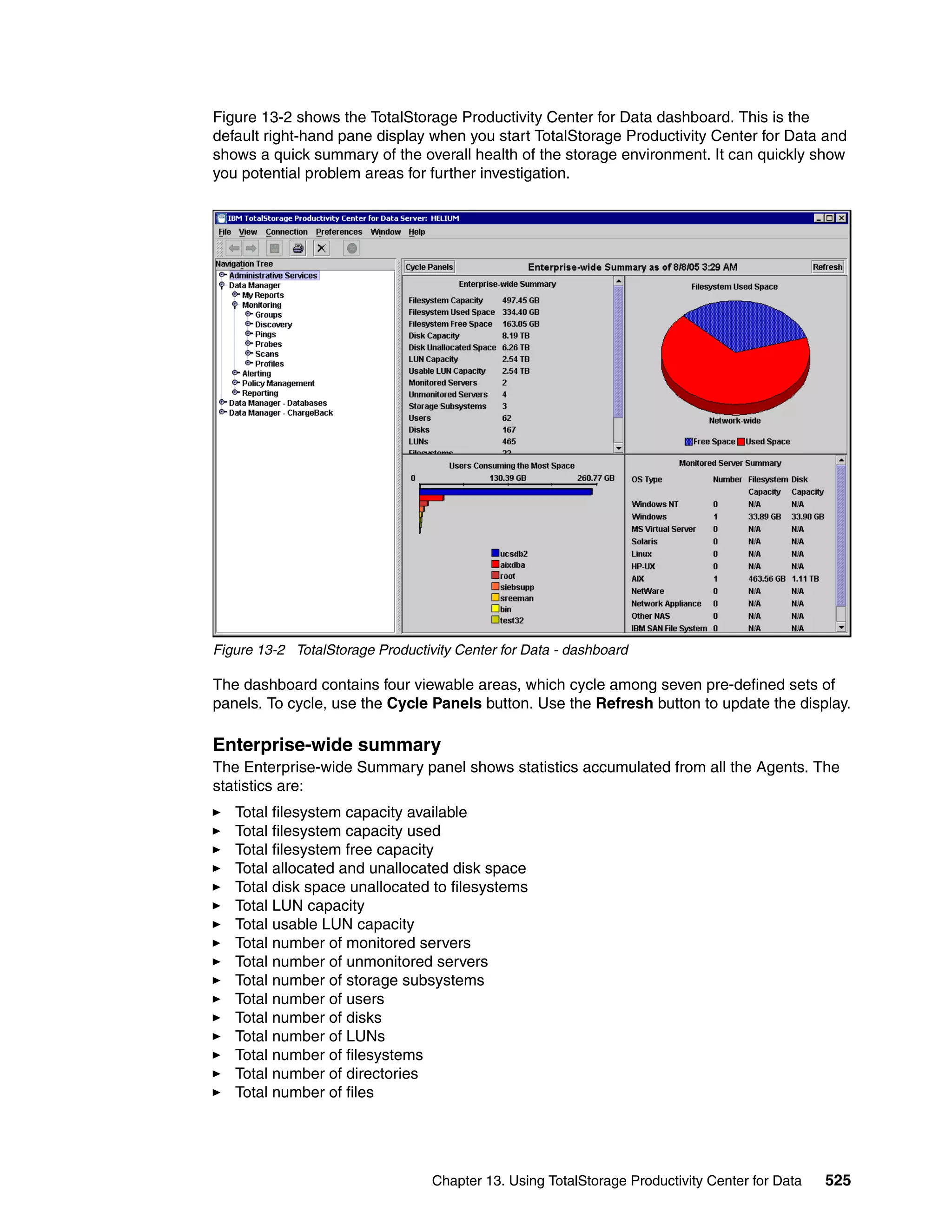 Figure 13-2 shows the TotalStorage Productivity Center for Data dashboard. This is the
default right-hand pane display when you start TotalStorage Productivity Center for Data and
shows a quick summary of the overall health of the storage environment. It can quickly show
you potential problem areas for further investigation.




Figure 13-2 TotalStorage Productivity Center for Data - dashboard

The dashboard contains four viewable areas, which cycle among seven pre-defined sets of
panels. To cycle, use the Cycle Panels button. Use the Refresh button to update the display.

Enterprise-wide summary
The Enterprise-wide Summary panel shows statistics accumulated from all the Agents. The
statistics are:
   Total filesystem capacity available
   Total filesystem capacity used
   Total filesystem free capacity
   Total allocated and unallocated disk space
   Total disk space unallocated to filesystems
   Total LUN capacity
   Total usable LUN capacity
   Total number of monitored servers
   Total number of unmonitored servers
   Total number of storage subsystems
   Total number of users
   Total number of disks
   Total number of LUNs
   Total number of filesystems
   Total number of directories
   Total number of files




                                  Chapter 13. Using TotalStorage Productivity Center for Data   525
 