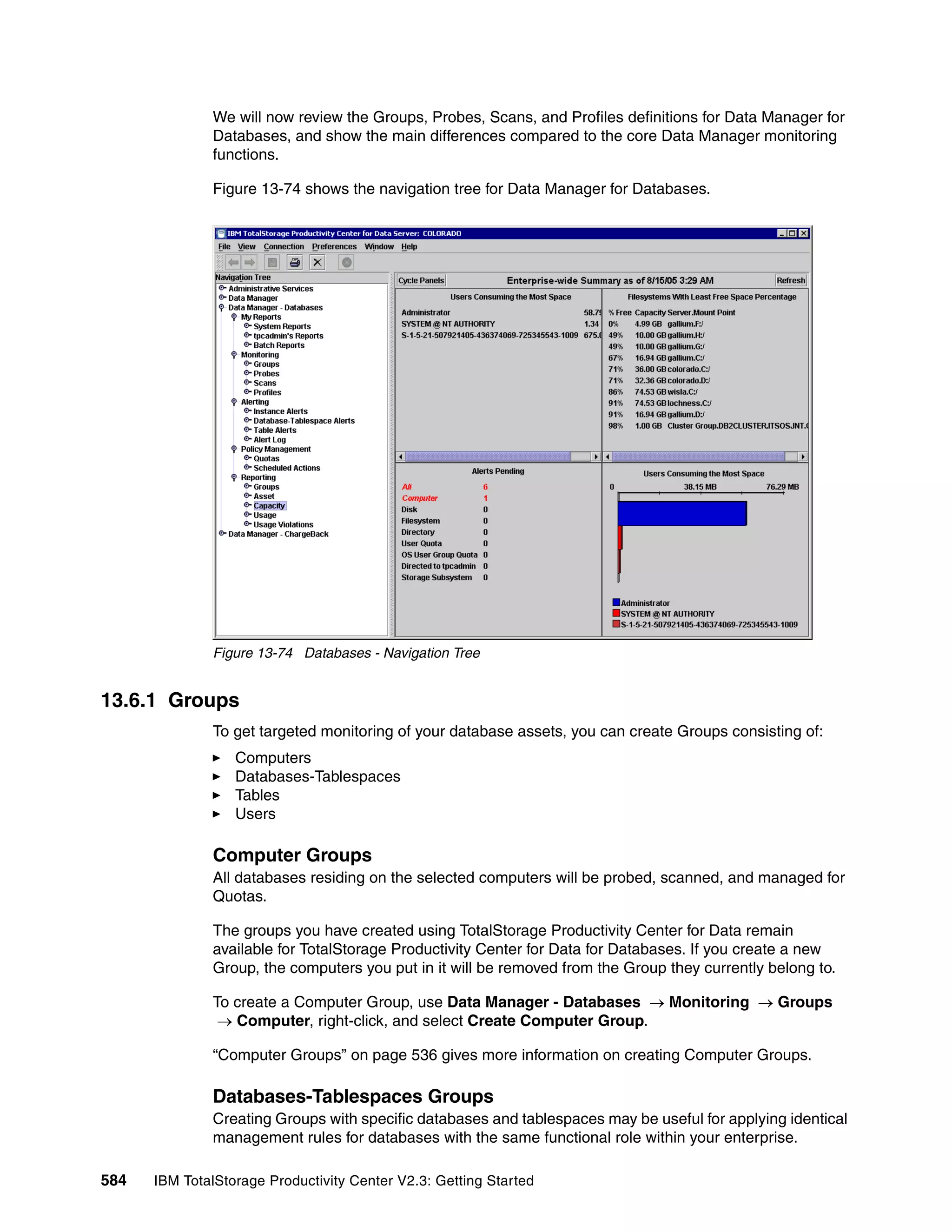 We will now review the Groups, Probes, Scans, and Profiles definitions for Data Manager for
              Databases, and show the main differences compared to the core Data Manager monitoring
              functions.

              Figure 13-74 shows the navigation tree for Data Manager for Databases.




              Figure 13-74 Databases - Navigation Tree


13.6.1 Groups
              To get targeted monitoring of your database assets, you can create Groups consisting of:
                  Computers
                  Databases-Tablespaces
                  Tables
                  Users

              Computer Groups
              All databases residing on the selected computers will be probed, scanned, and managed for
              Quotas.

              The groups you have created using TotalStorage Productivity Center for Data remain
              available for TotalStorage Productivity Center for Data for Databases. If you create a new
              Group, the computers you put in it will be removed from the Group they currently belong to.

              To create a Computer Group, use Data Manager - Databases → Monitoring → Groups
               → Computer, right-click, and select Create Computer Group.

              “Computer Groups” on page 536 gives more information on creating Computer Groups.

              Databases-Tablespaces Groups
              Creating Groups with specific databases and tablespaces may be useful for applying identical
              management rules for databases with the same functional role within your enterprise.

584   IBM TotalStorage Productivity Center V2.3: Getting Started
 