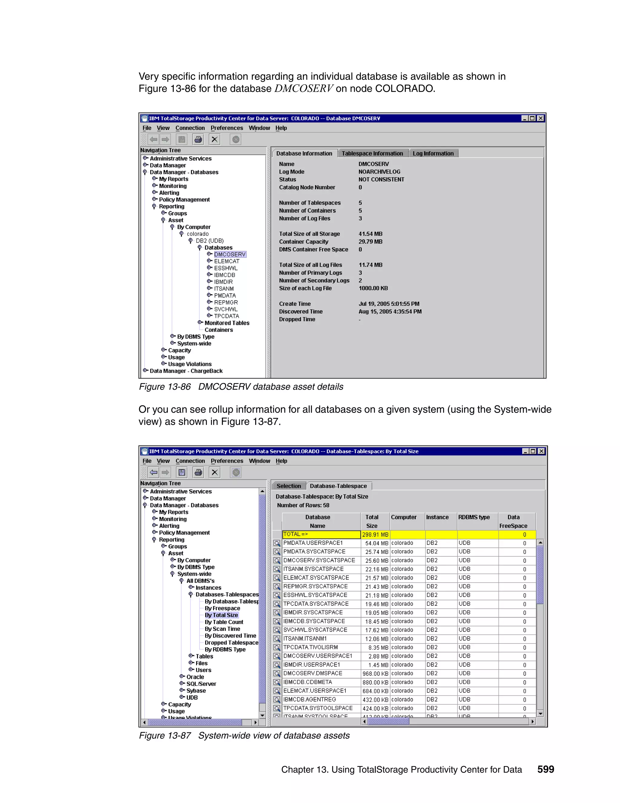 Very specific information regarding an individual database is available as shown in
Figure 13-86 for the database DMCOSERV on node COLORADO.




Figure 13-86 DMCOSERV database asset details

Or you can see rollup information for all databases on a given system (using the System-wide
view) as shown in Figure 13-87.




Figure 13-87 System-wide view of database assets


                                Chapter 13. Using TotalStorage Productivity Center for Data   599
 