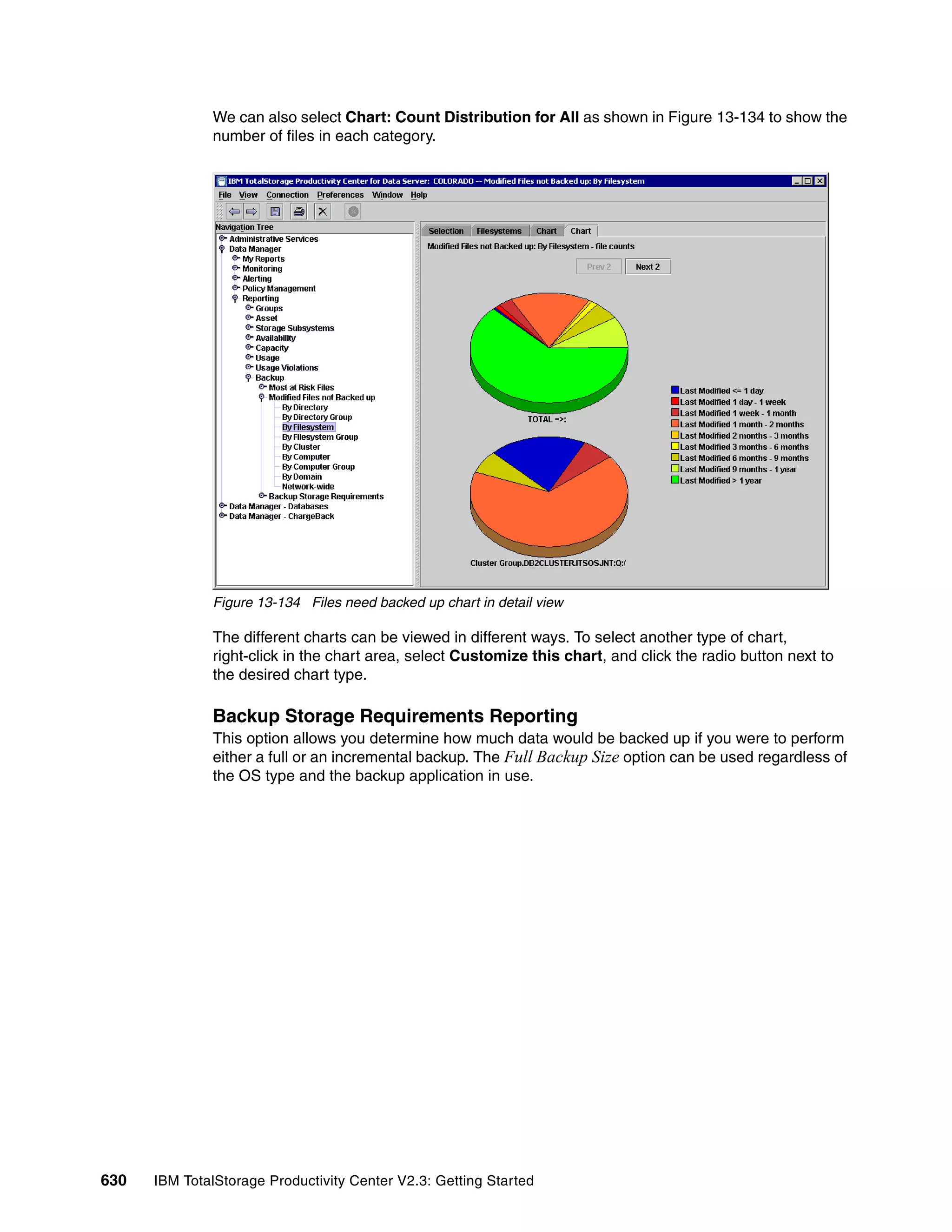 We can also select Chart: Count Distribution for All as shown in Figure 13-134 to show the
              number of files in each category.




              Figure 13-134 Files need backed up chart in detail view

              The different charts can be viewed in different ways. To select another type of chart,
              right-click in the chart area, select Customize this chart, and click the radio button next to
              the desired chart type.

              Backup Storage Requirements Reporting
              This option allows you determine how much data would be backed up if you were to perform
              either a full or an incremental backup. The Full Backup Size option can be used regardless of
              the OS type and the backup application in use.




630   IBM TotalStorage Productivity Center V2.3: Getting Started
 