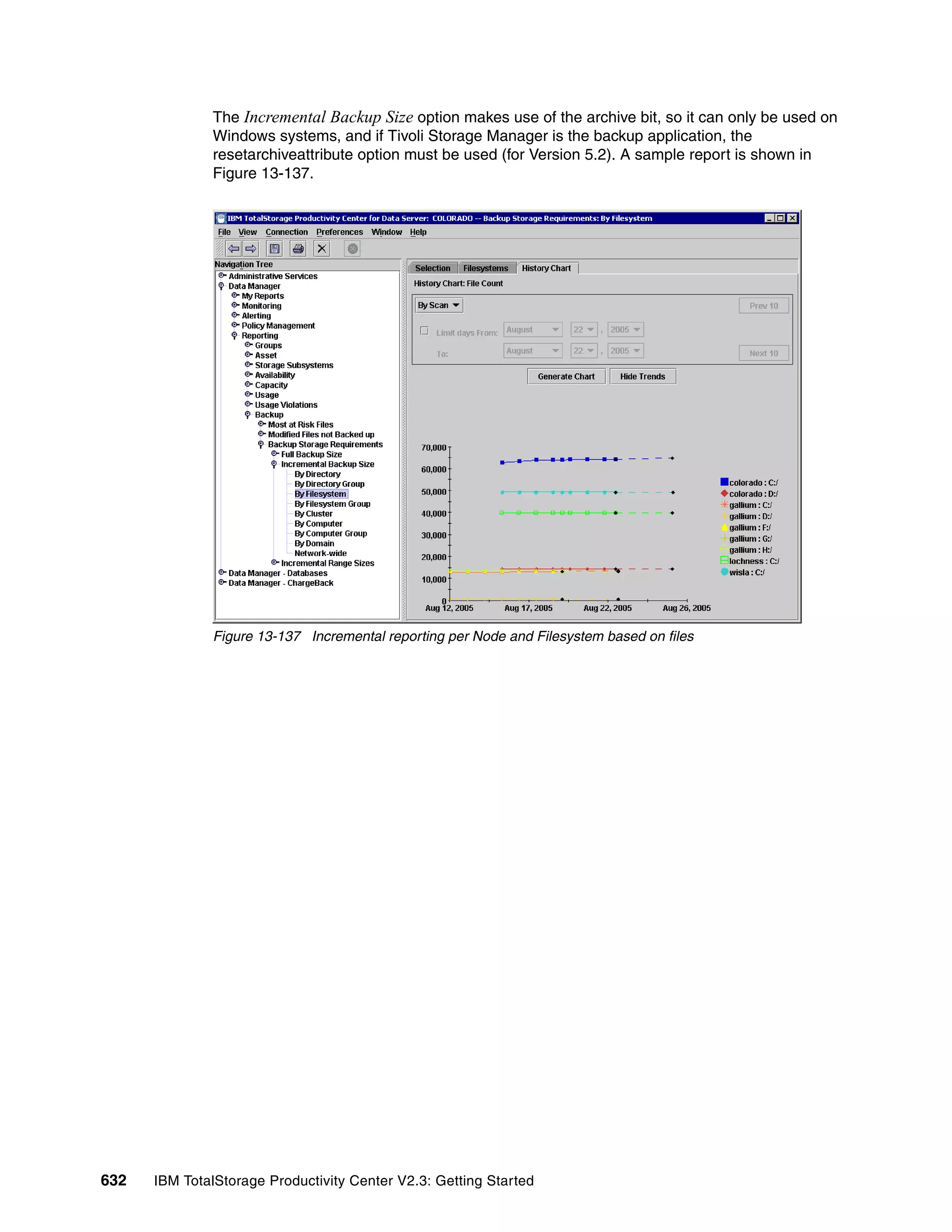 The Incremental Backup Size option makes use of the archive bit, so it can only be used on
              Windows systems, and if Tivoli Storage Manager is the backup application, the
              resetarchiveattribute option must be used (for Version 5.2). A sample report is shown in
              Figure 13-137.




              Figure 13-137 Incremental reporting per Node and Filesystem based on files




632   IBM TotalStorage Productivity Center V2.3: Getting Started
 
