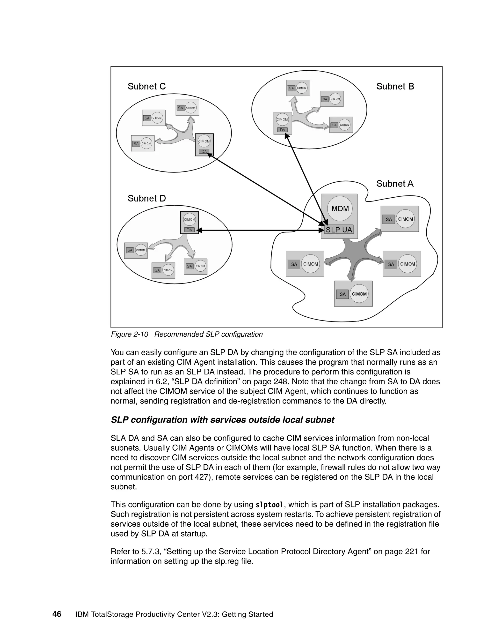 Figure 2-10 Recommended SLP configuration

               You can easily configure an SLP DA by changing the configuration of the SLP SA included as
               part of an existing CIM Agent installation. This causes the program that normally runs as an
               SLP SA to run as an SLP DA instead. The procedure to perform this configuration is
               explained in 6.2, “SLP DA definition” on page 248. Note that the change from SA to DA does
               not affect the CIMOM service of the subject CIM Agent, which continues to function as
               normal, sending registration and de-registration commands to the DA directly.

               SLP configuration with services outside local subnet

               SLA DA and SA can also be configured to cache CIM services information from non-local
               subnets. Usually CIM Agents or CIMOMs will have local SLP SA function. When there is a
               need to discover CIM services outside the local subnet and the network configuration does
               not permit the use of SLP DA in each of them (for example, firewall rules do not allow two way
               communication on port 427), remote services can be registered on the SLP DA in the local
               subnet.

               This configuration can be done by using slptool, which is part of SLP installation packages.
               Such registration is not persistent across system restarts. To achieve persistent registration of
               services outside of the local subnet, these services need to be defined in the registration file
               used by SLP DA at startup.

               Refer to 5.7.3, “Setting up the Service Location Protocol Directory Agent” on page 221 for
               information on setting up the slp.reg file.




46   IBM TotalStorage Productivity Center V2.3: Getting Started
 