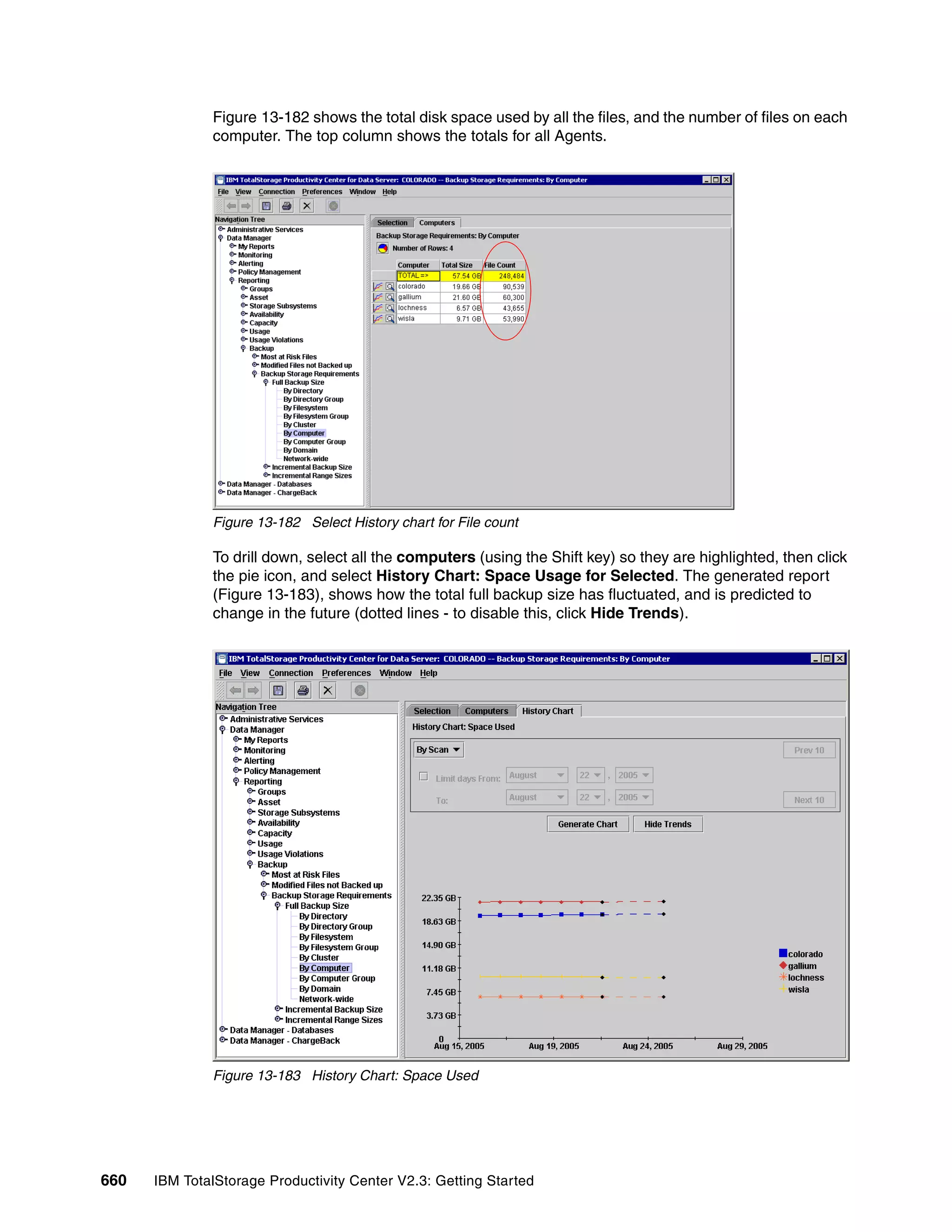 Figure 13-182 shows the total disk space used by all the files, and the number of files on each
              computer. The top column shows the totals for all Agents.




              Figure 13-182 Select History chart for File count

              To drill down, select all the computers (using the Shift key) so they are highlighted, then click
              the pie icon, and select History Chart: Space Usage for Selected. The generated report
              (Figure 13-183), shows how the total full backup size has fluctuated, and is predicted to
              change in the future (dotted lines - to disable this, click Hide Trends).




              Figure 13-183 History Chart: Space Used




660   IBM TotalStorage Productivity Center V2.3: Getting Started
 