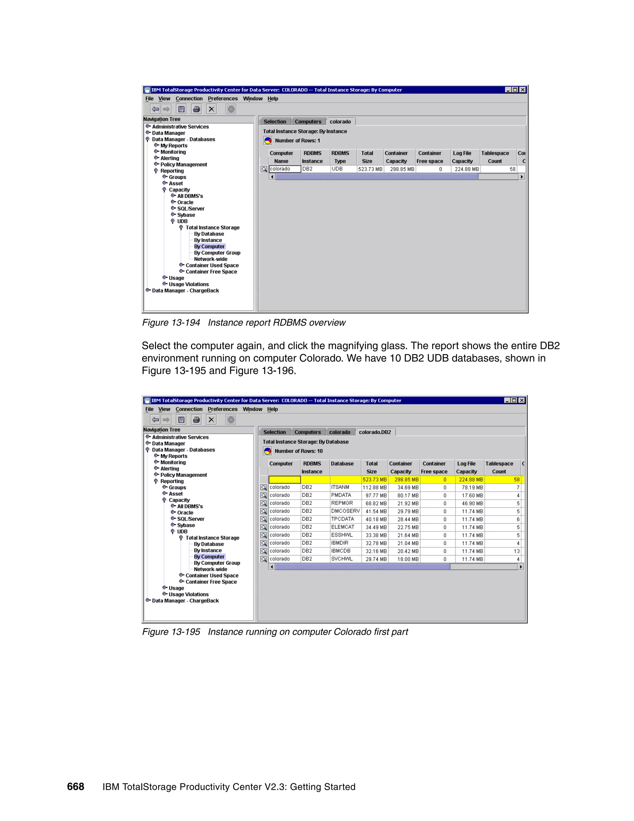 Figure 13-194 Instance report RDBMS overview

              Select the computer again, and click the magnifying glass. The report shows the entire DB2
              environment running on computer Colorado. We have 10 DB2 UDB databases, shown in
              Figure 13-195 and Figure 13-196.




              Figure 13-195 Instance running on computer Colorado first part




668   IBM TotalStorage Productivity Center V2.3: Getting Started
 