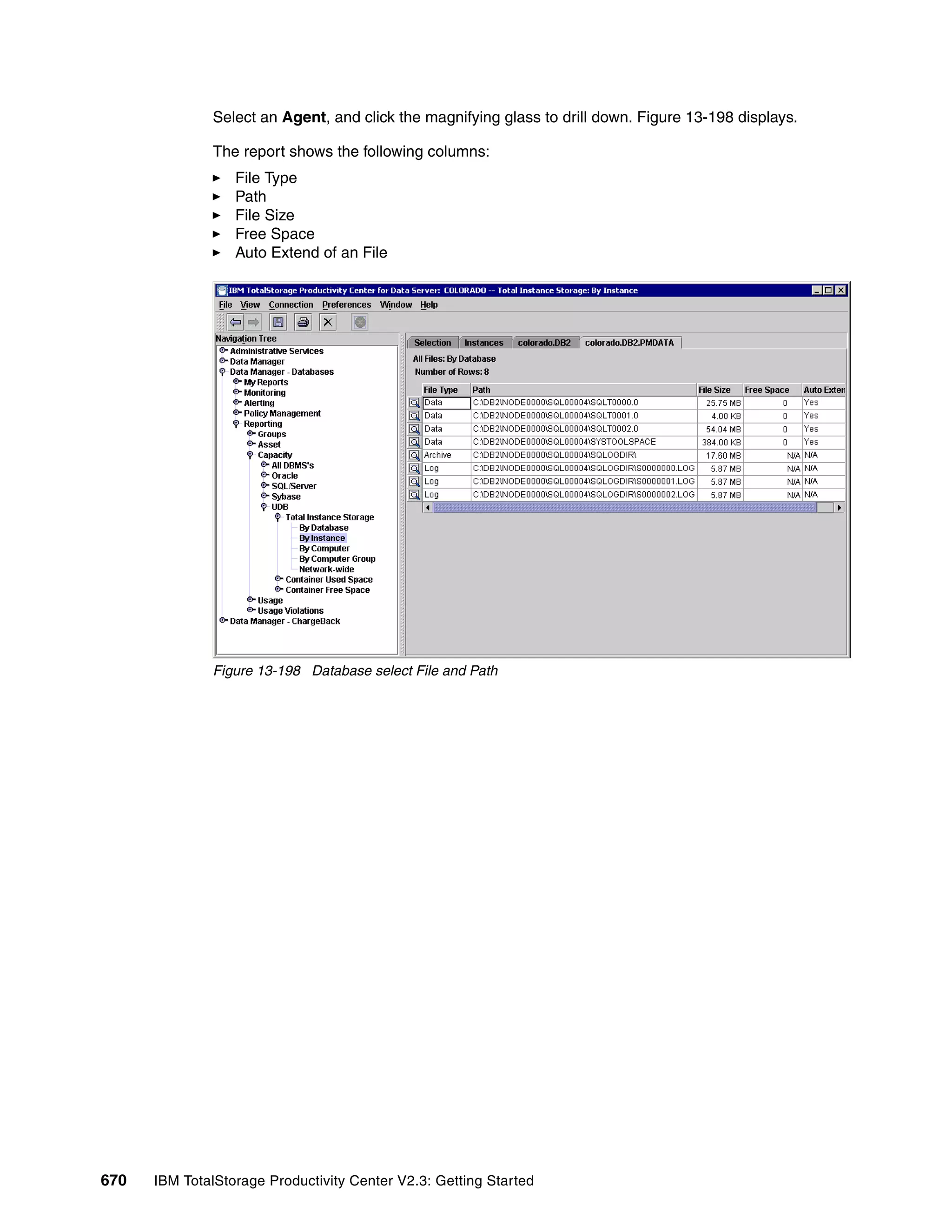 Select an Agent, and click the magnifying glass to drill down. Figure 13-198 displays.

              The report shows the following columns:
                  File Type
                  Path
                  File Size
                  Free Space
                  Auto Extend of an File




              Figure 13-198 Database select File and Path




670   IBM TotalStorage Productivity Center V2.3: Getting Started
 