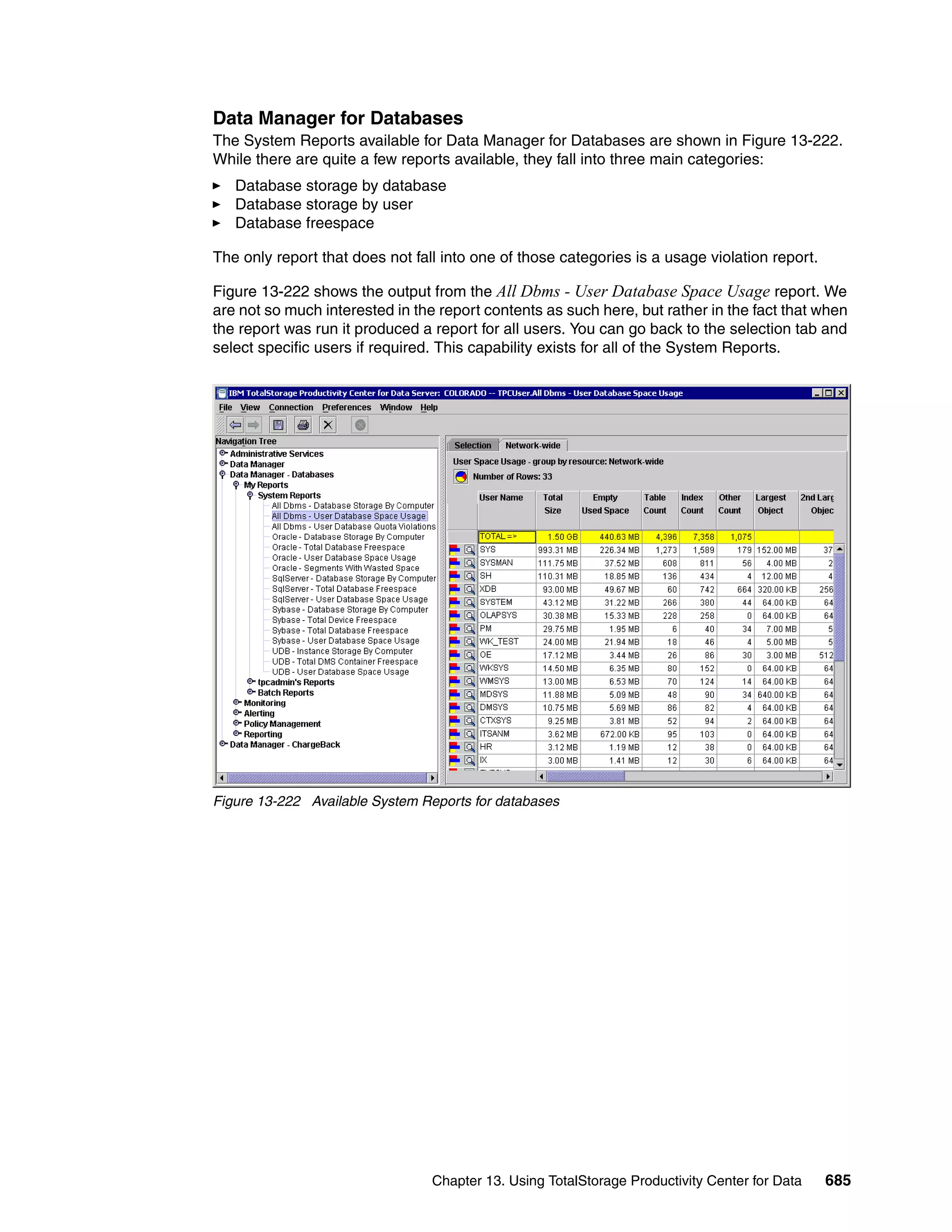 Data Manager for Databases
The System Reports available for Data Manager for Databases are shown in Figure 13-222.
While there are quite a few reports available, they fall into three main categories:
   Database storage by database
   Database storage by user
   Database freespace

The only report that does not fall into one of those categories is a usage violation report.

Figure 13-222 shows the output from the All Dbms - User Database Space Usage report. We
are not so much interested in the report contents as such here, but rather in the fact that when
the report was run it produced a report for all users. You can go back to the selection tab and
select specific users if required. This capability exists for all of the System Reports.




Figure 13-222 Available System Reports for databases




                                 Chapter 13. Using TotalStorage Productivity Center for Data   685
 