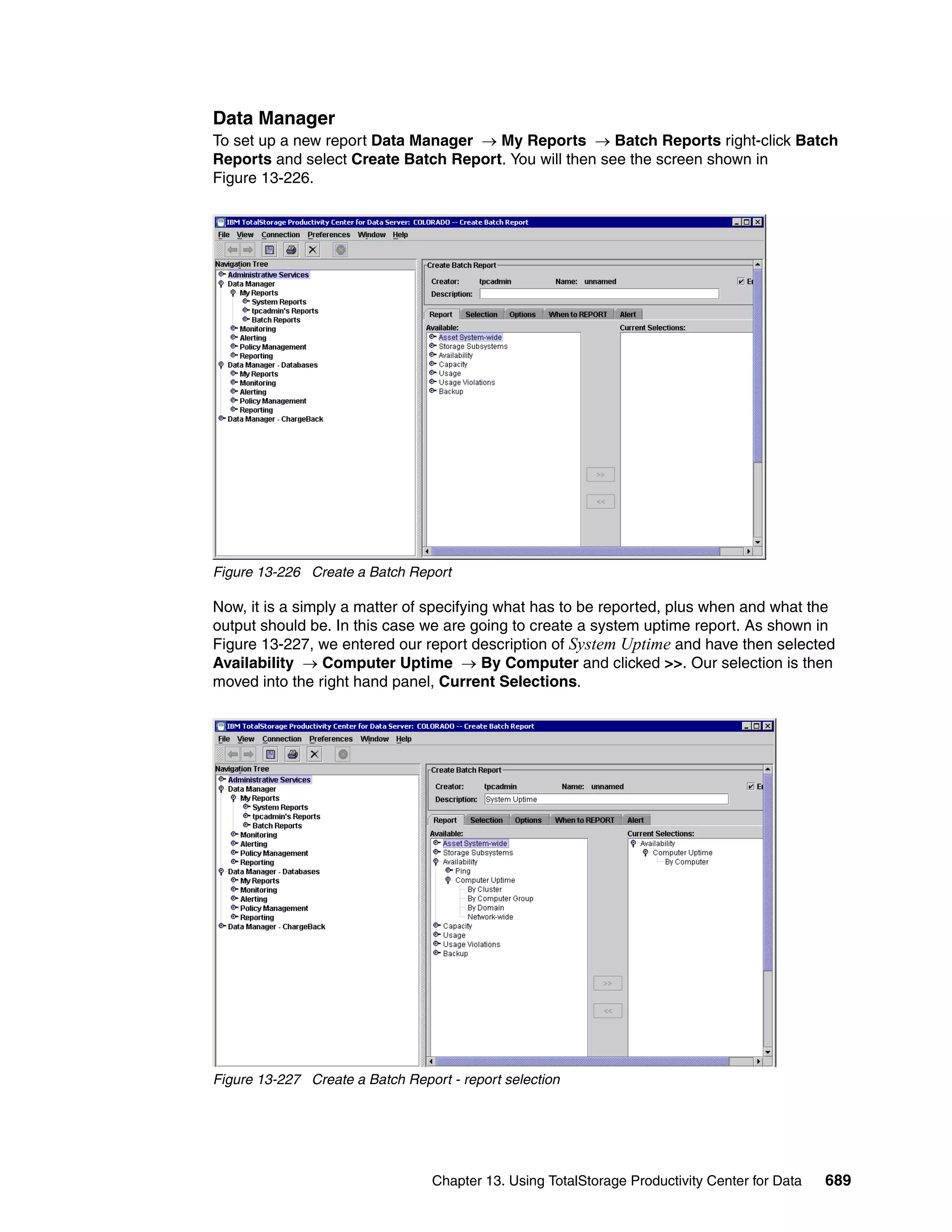 Data Manager
To set up a new report Data Manager → My Reports → Batch Reports right-click Batch
Reports and select Create Batch Report. You will then see the screen shown in
Figure 13-226.




Figure 13-226 Create a Batch Report

Now, it is a simply a matter of specifying what has to be reported, plus when and what the
output should be. In this case we are going to create a system uptime report. As shown in
Figure 13-227, we entered our report description of System Uptime and have then selected
Availability → Computer Uptime → By Computer and clicked >>. Our selection is then
moved into the right hand panel, Current Selections.




Figure 13-227 Create a Batch Report - report selection




                                  Chapter 13. Using TotalStorage Productivity Center for Data   689
 